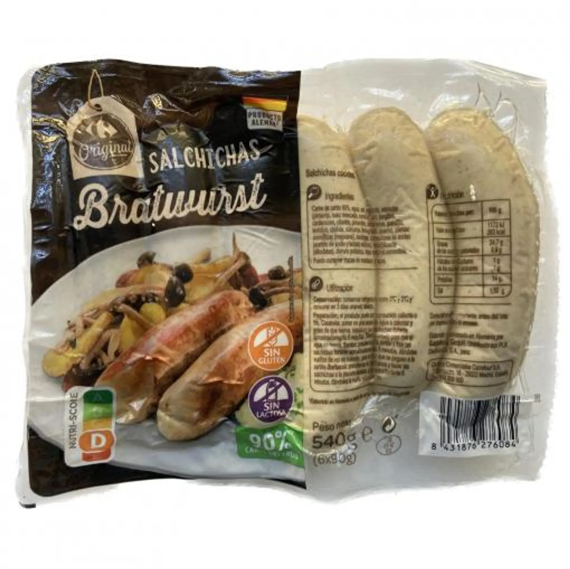 Salchichas Bratwurst Carrefour Original sin gluten y sin lactosa 540 g.