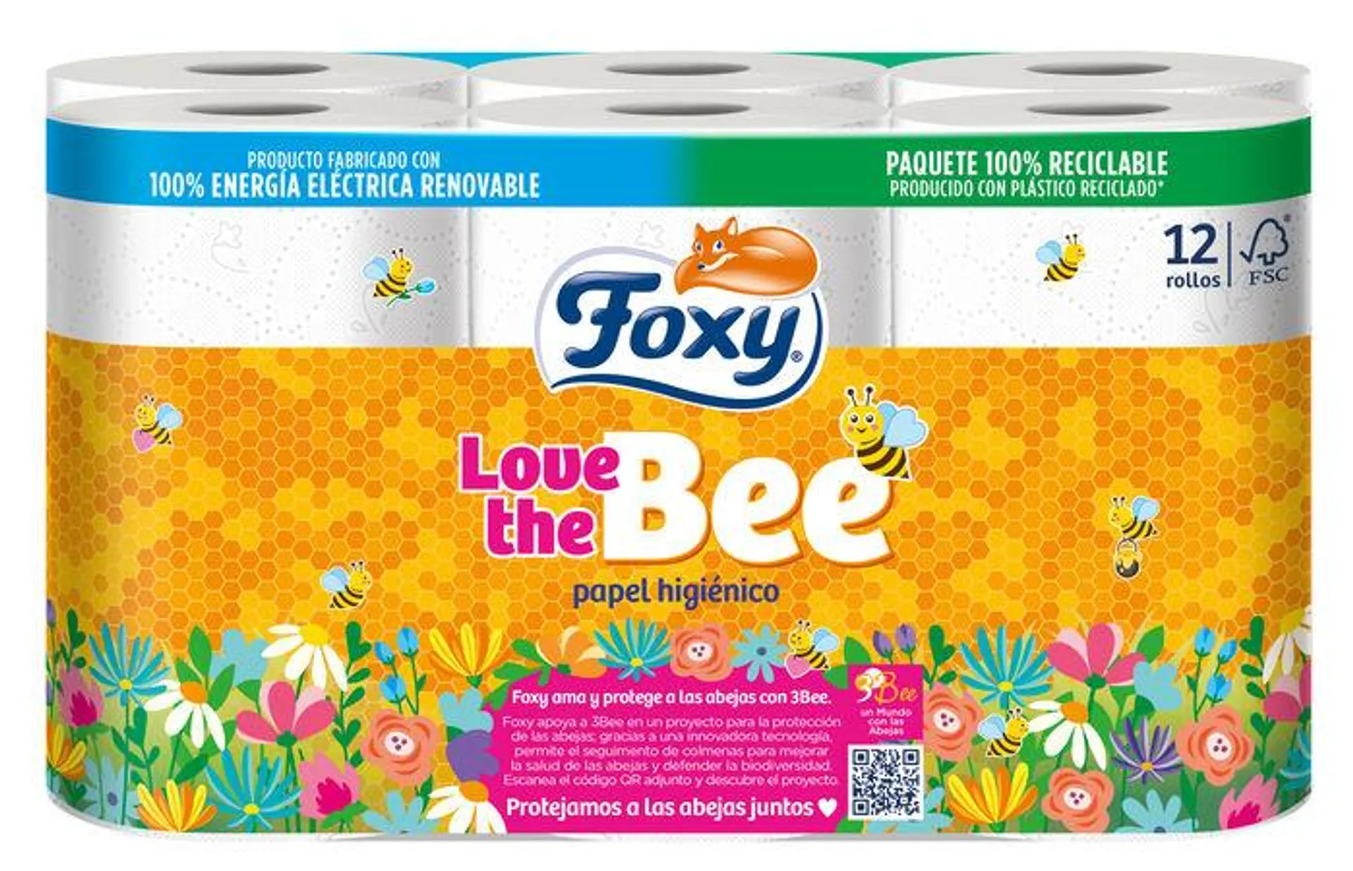 Papel higiénico Foxy Love The Bee 12 rollos 3 capas, color blanco