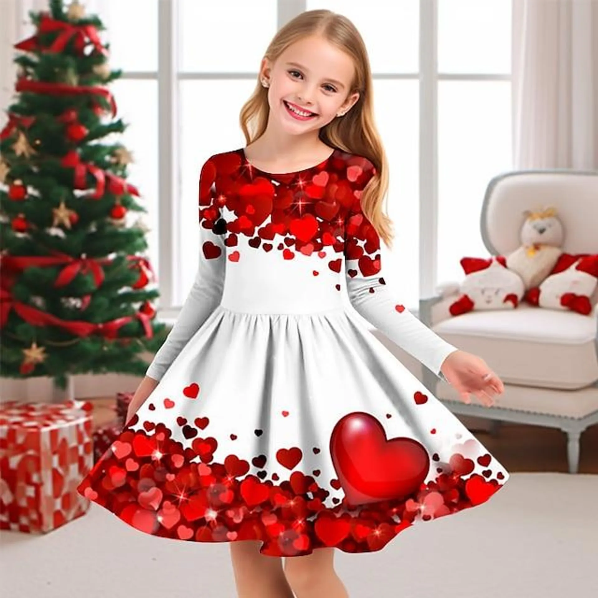 Vestido de corazón 3d para niña, manga larga, estampado 3d, deportes de otoño e invierno & Al aire libre, diario, vacaciones, lindo, informal, hermoso, niños de 3 a 12 años, vestido informal, vestido