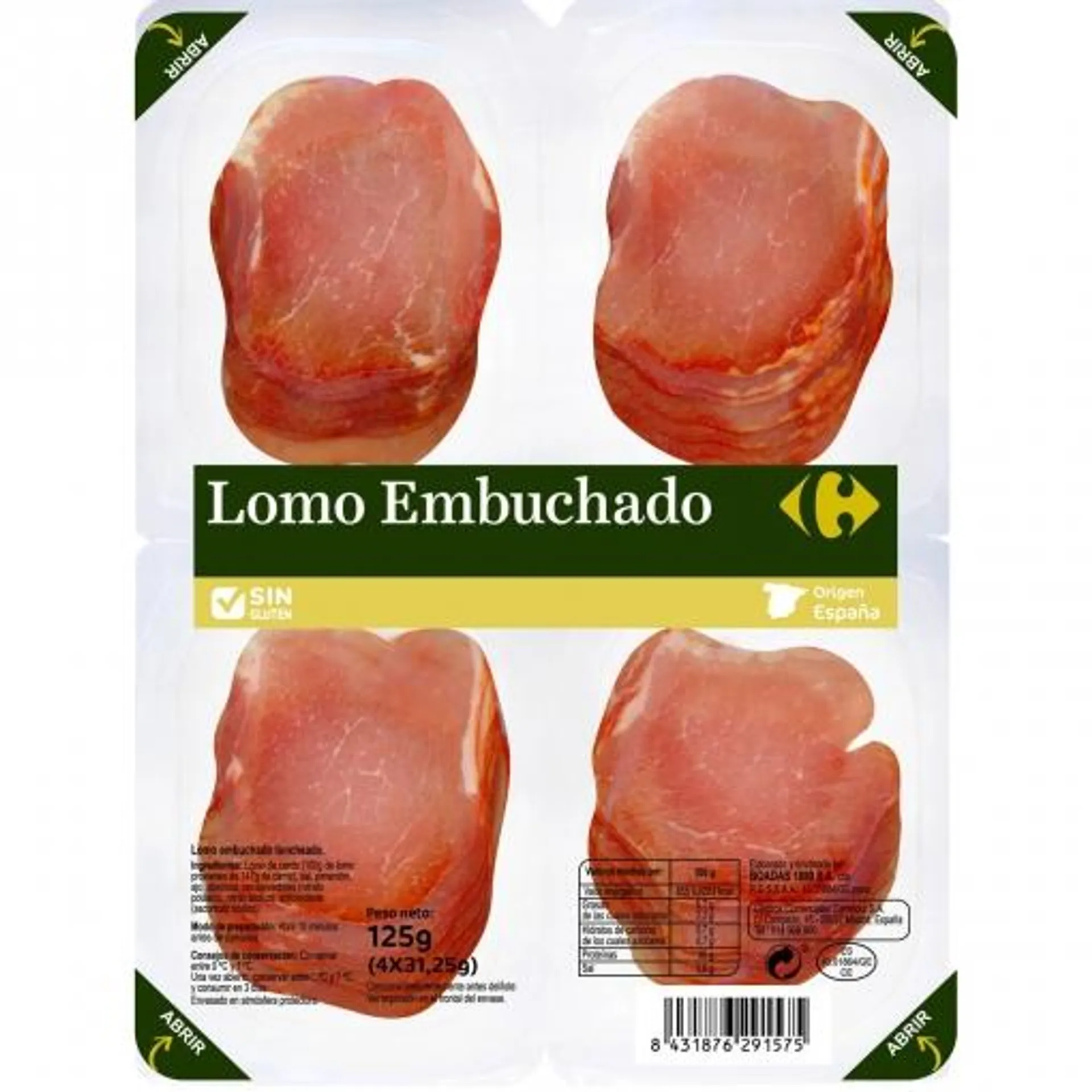 Lomo Embuchado en lonchas Carrefour sin gluten pack de 4 unidades de 31,25 g