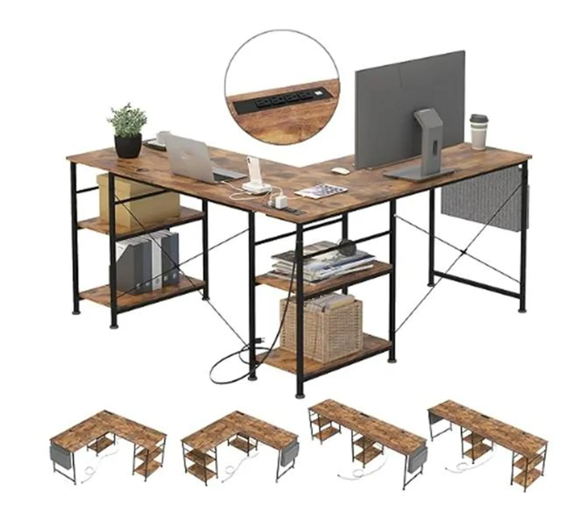 Tbfit Escritorio en forma de L con estantes de almacenamiento, esquina reversible, escritorio para espacios pequeños, gran escritorio de computadora p
