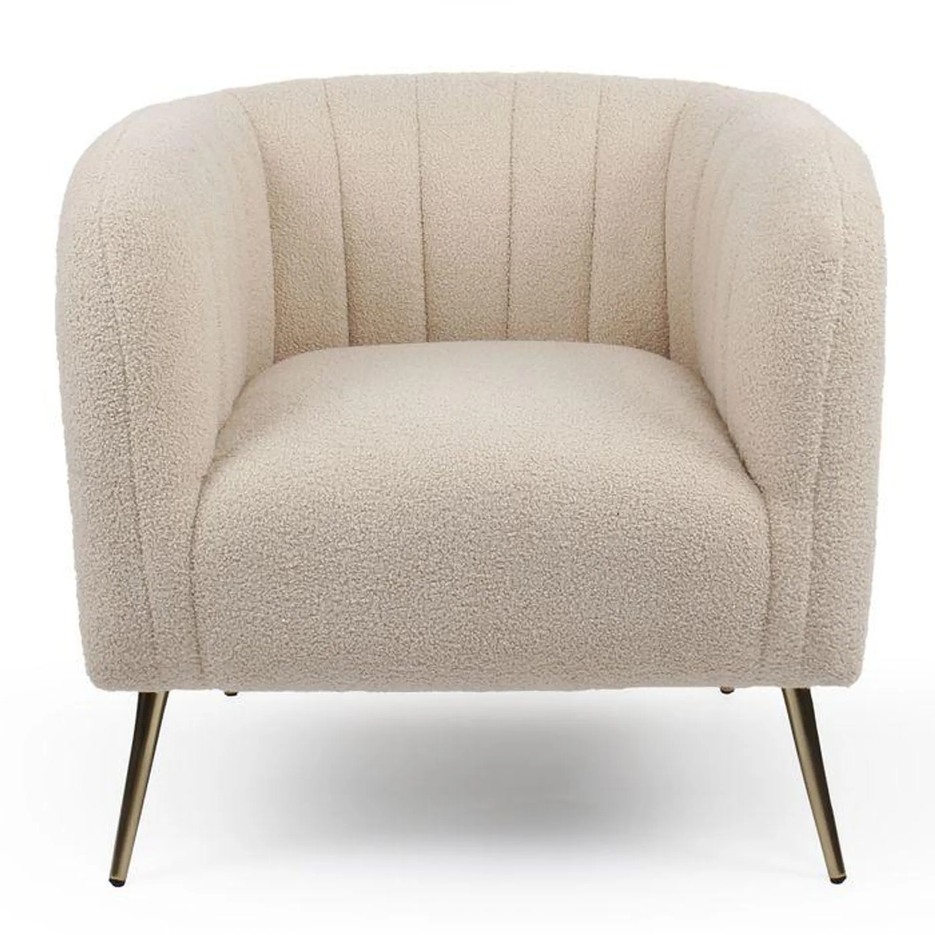 Sillón moderno Bombaro con patas de metal dorado y tela efecto borrego beige