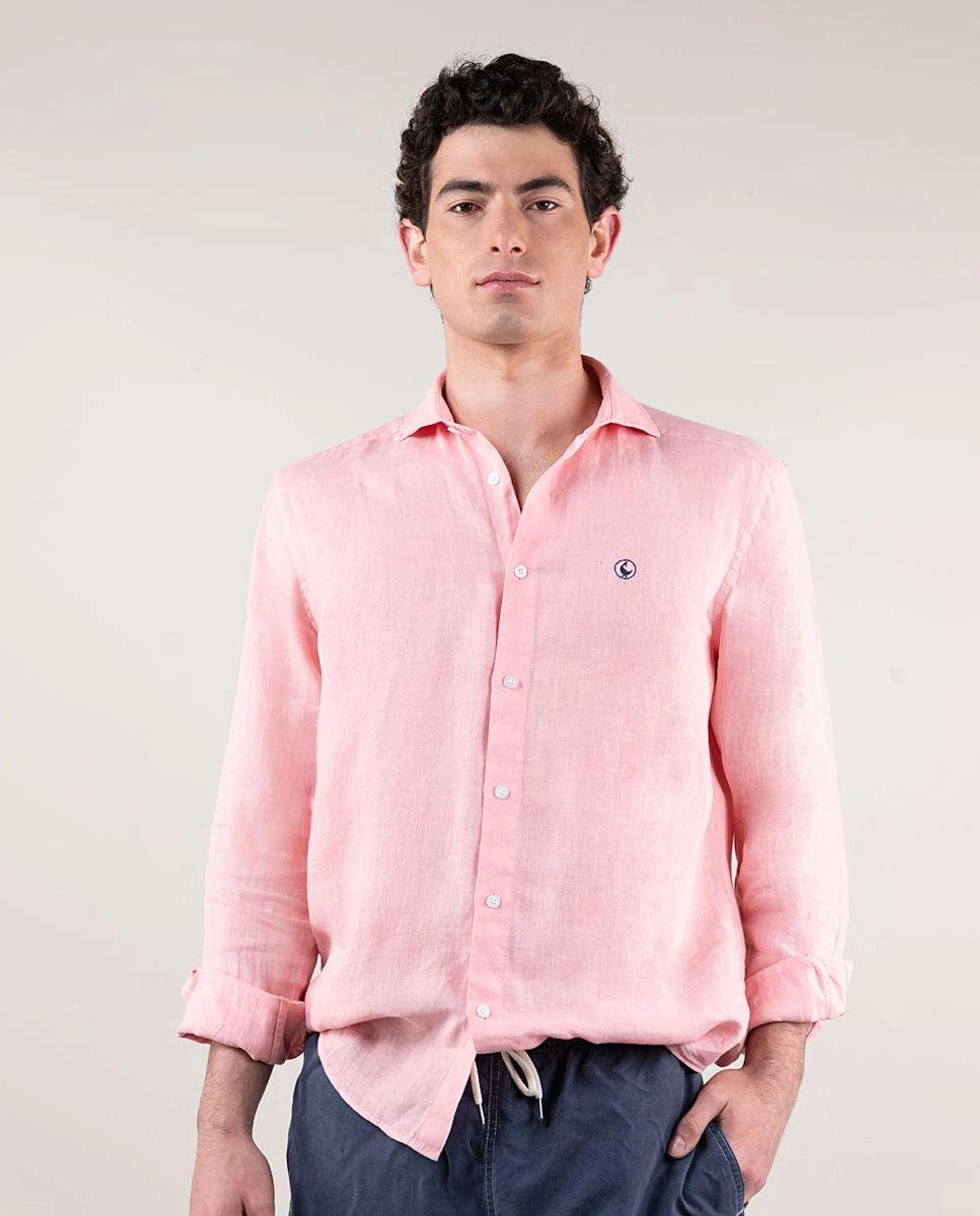 Camisa Lino Garment Dyed Rosa Cuello Italiano