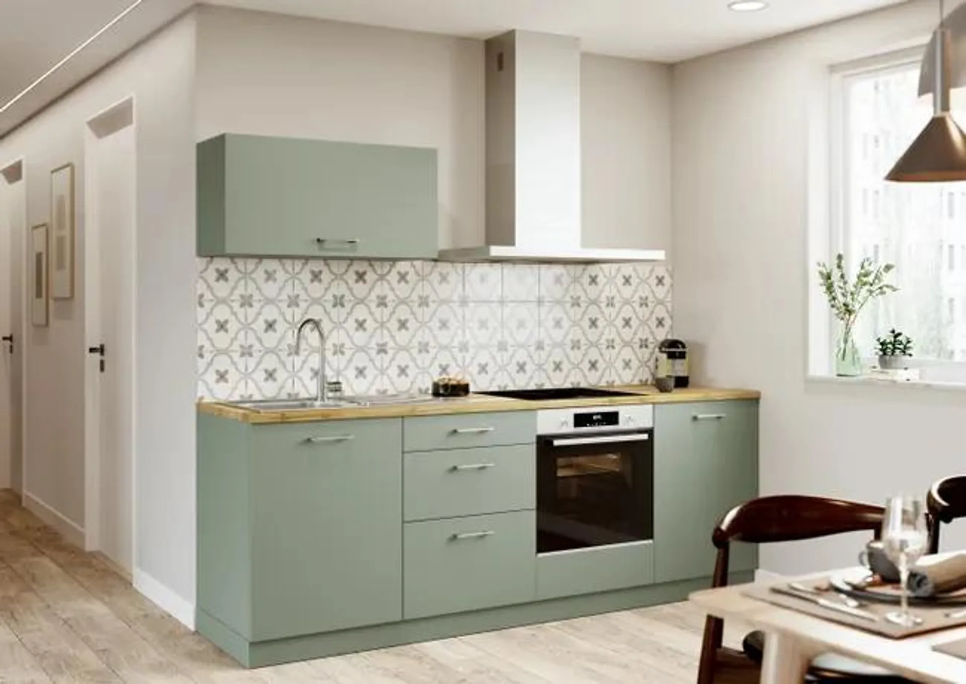 Cocina en kit Viena verde 240 cm con 1 módulo alto + 4 módulos bajos