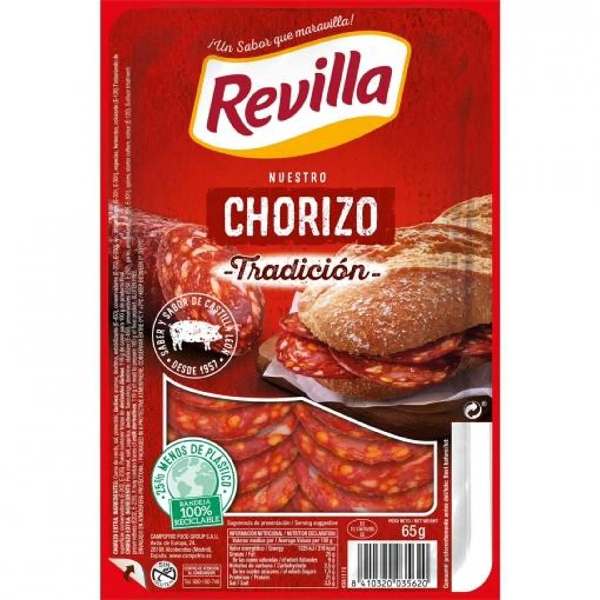 Chorizo en lonchas Revilla sin gluten 65 g.