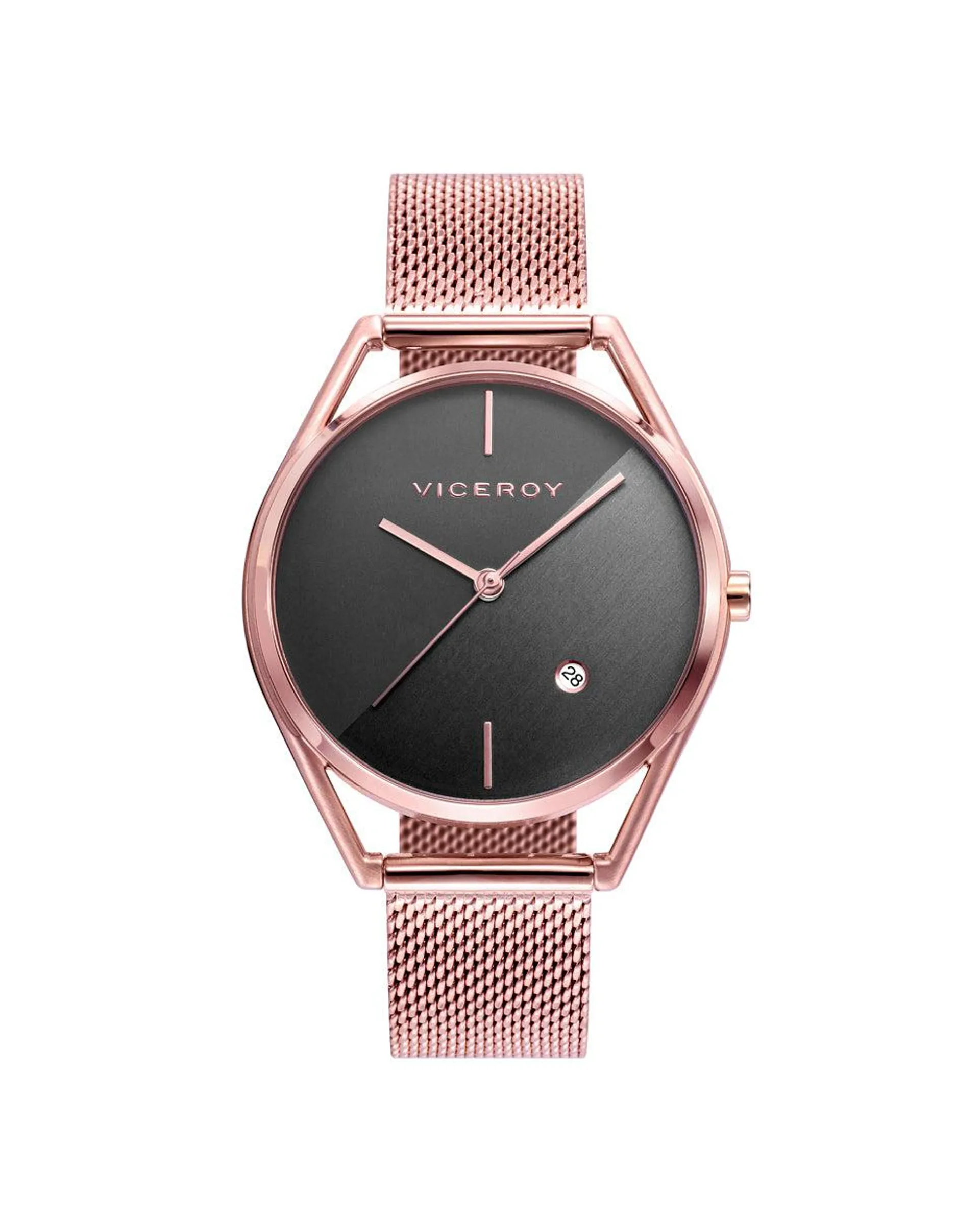 Reloj de mujer Air 3 agujas de acero IP rosa y malla milanesa