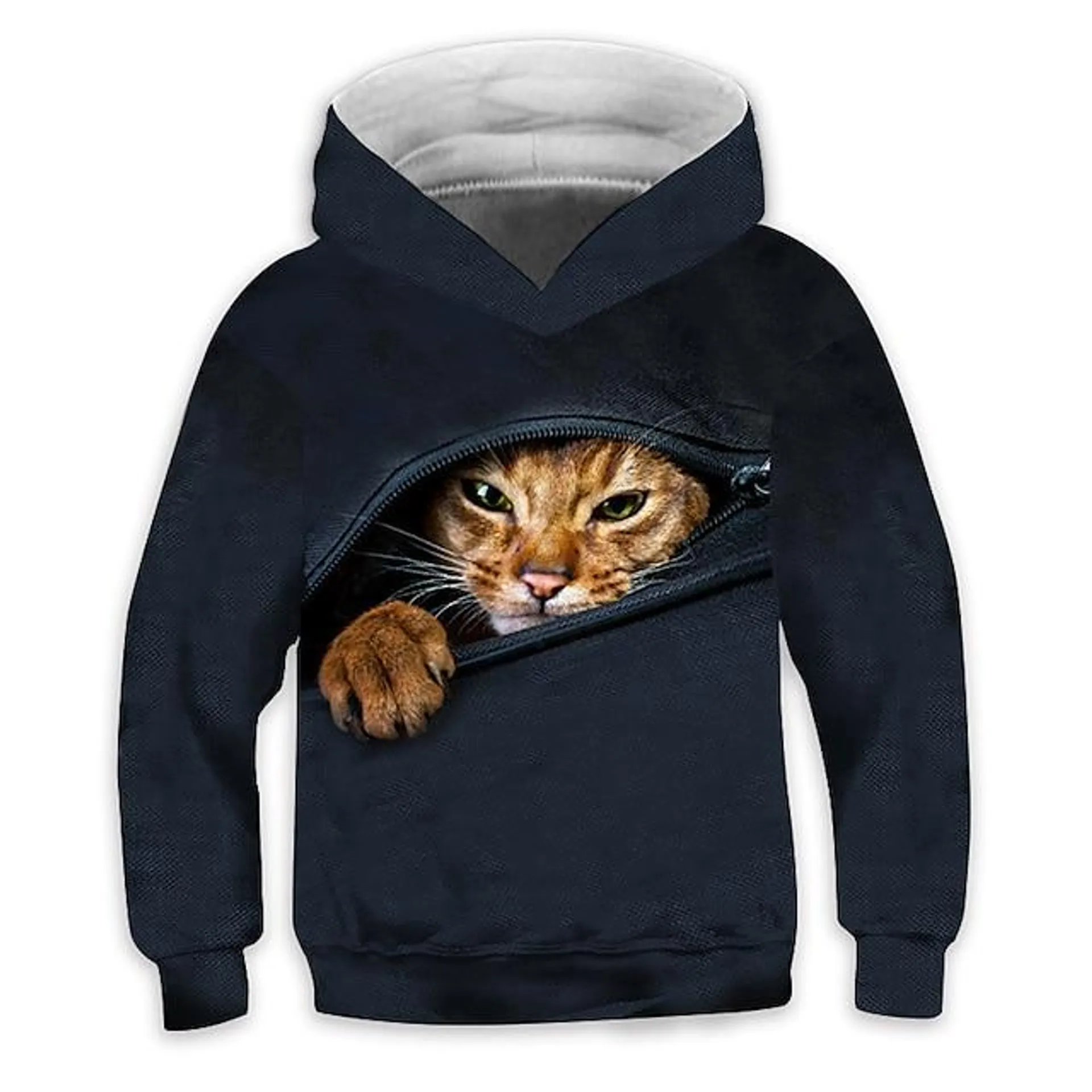 Niños Chica Sudadera Manga Larga Negro Impresión 3D Gato Animal Bolsillo Diario Interior Exterior Moda Ropa de calle Adorable Diario 3-12 años