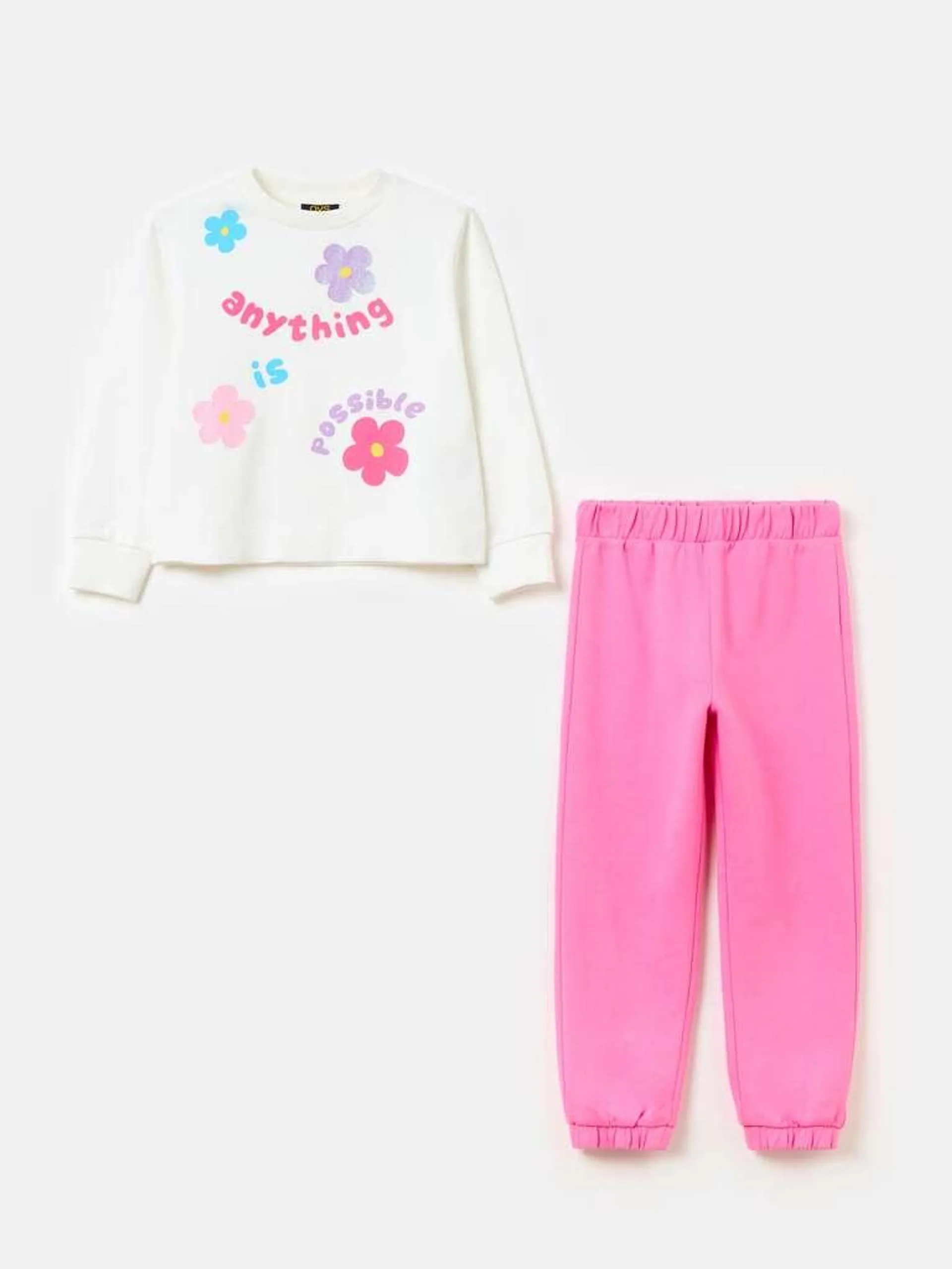 Pack jogging de tejido rizado con estampado Blanco/rosa