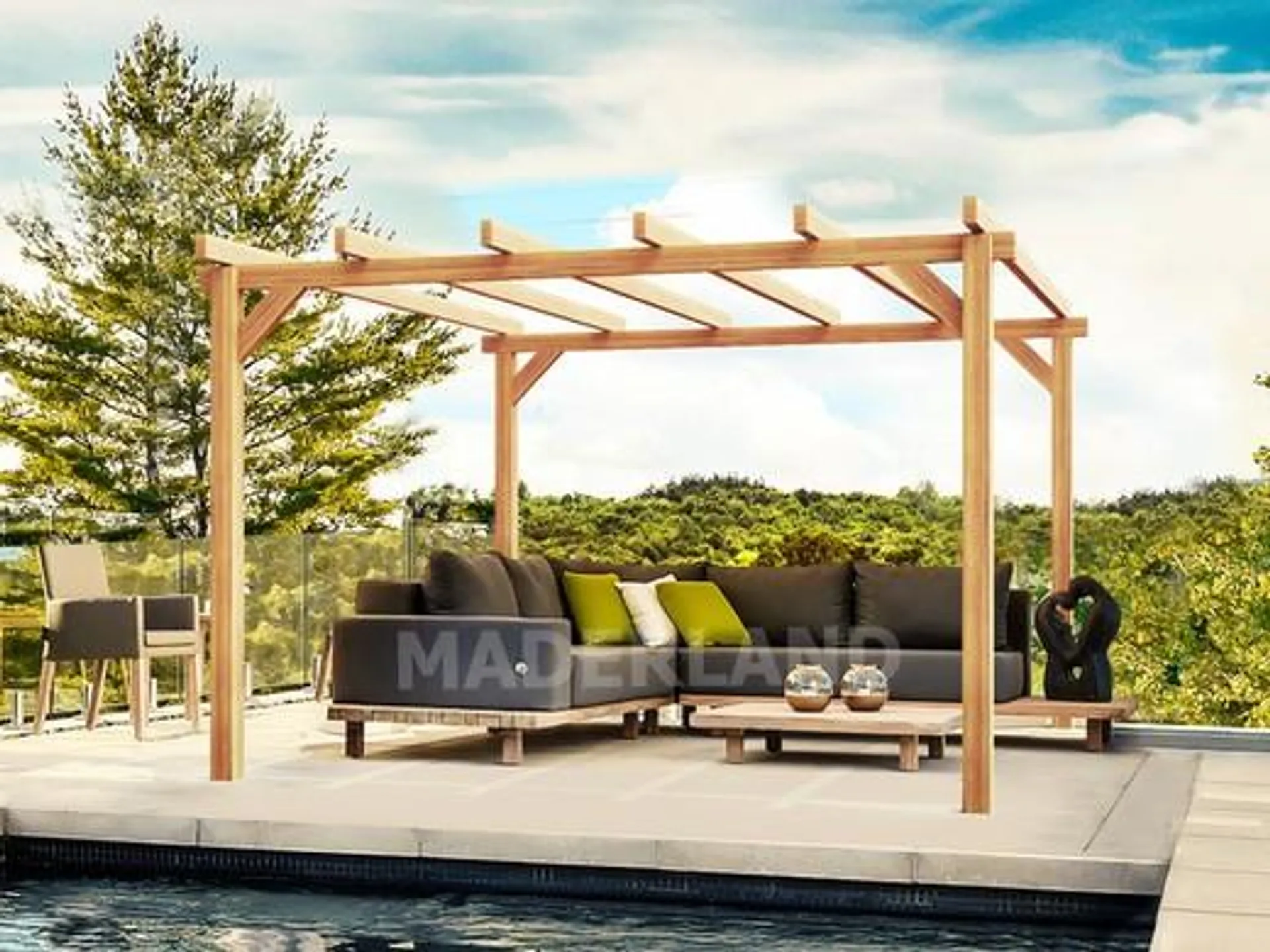 Pérgola de madera laminada de abeto con tratamiento para exteriores, modelo Linares