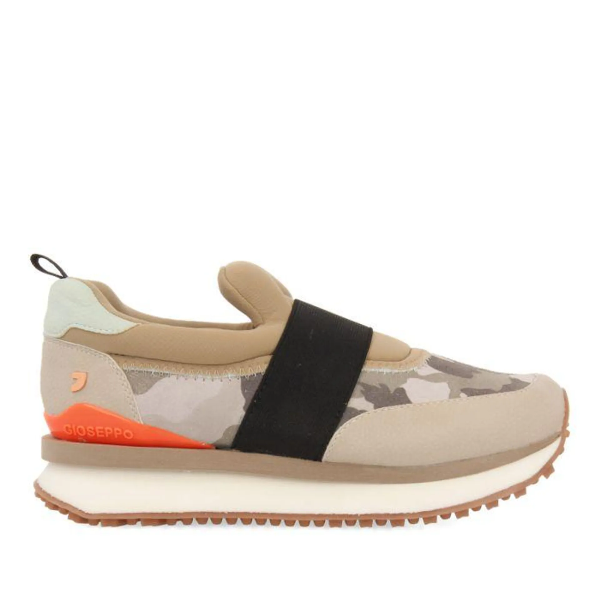 Bettel women's camouflage slip-on sneakers featuring orange, gold, beige and mint green