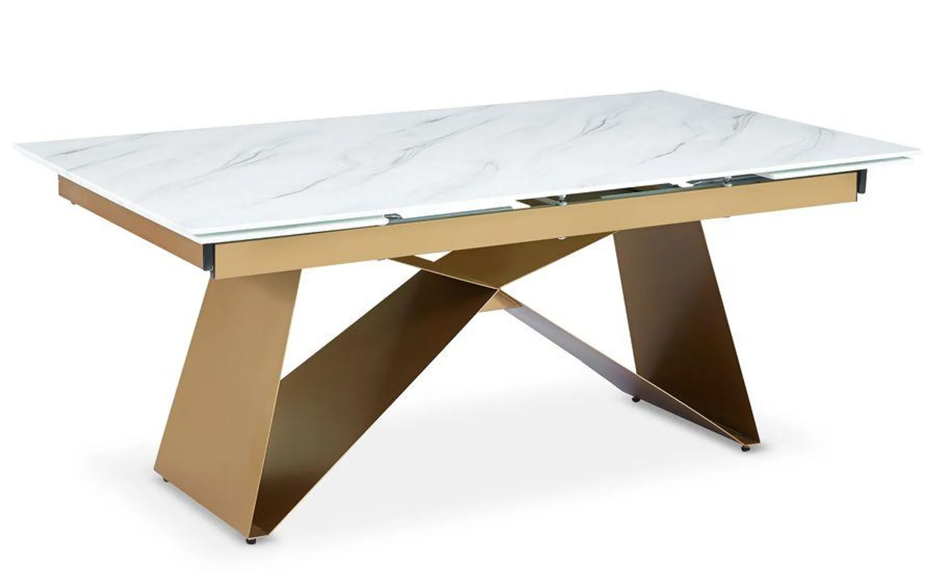 Mesa de comedor extensible Mogarie de cristal efecto mármol blanco y patas doradas