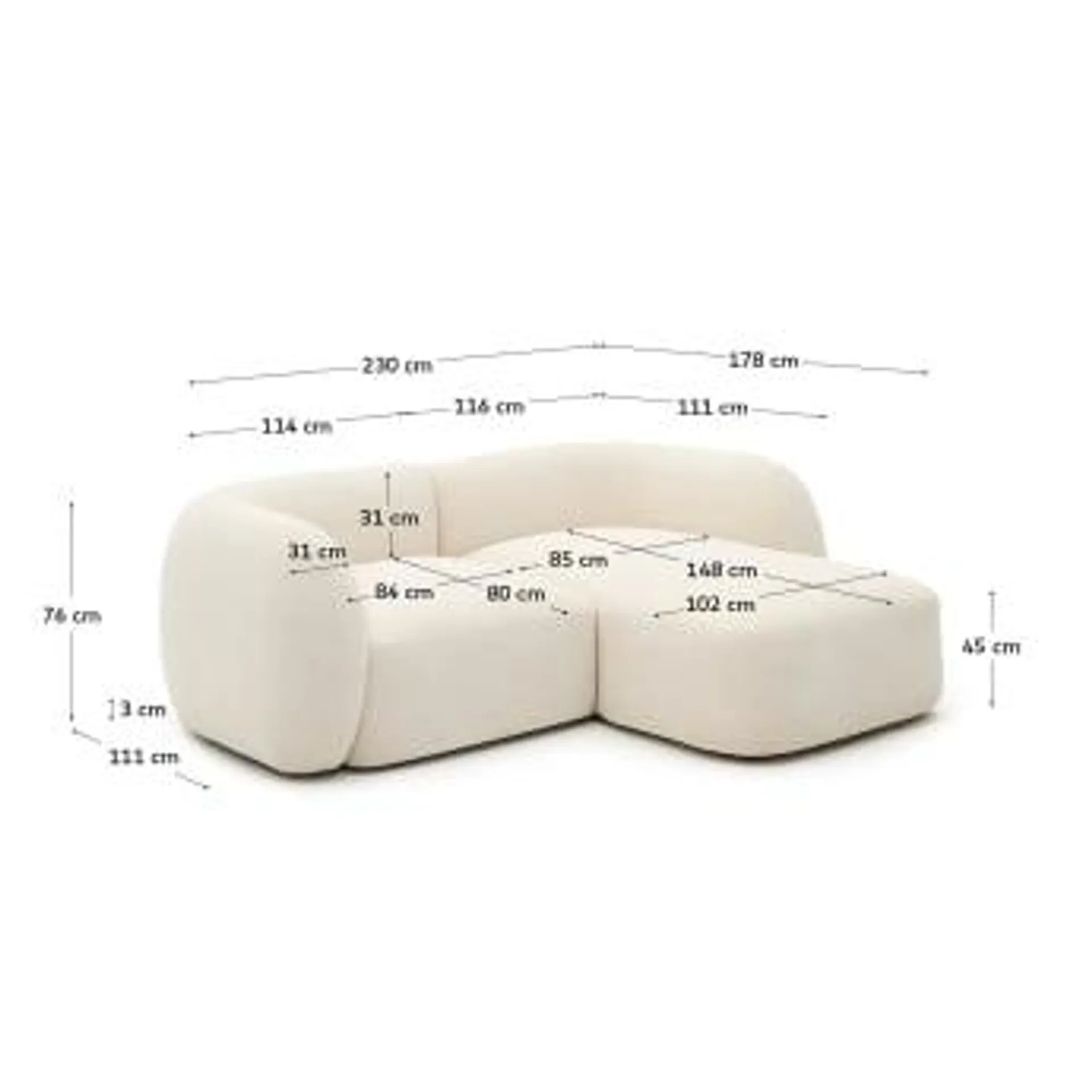 Sofá modular Martina 2 plazas de chenilla con chaise longue derecho crudo 230 cm