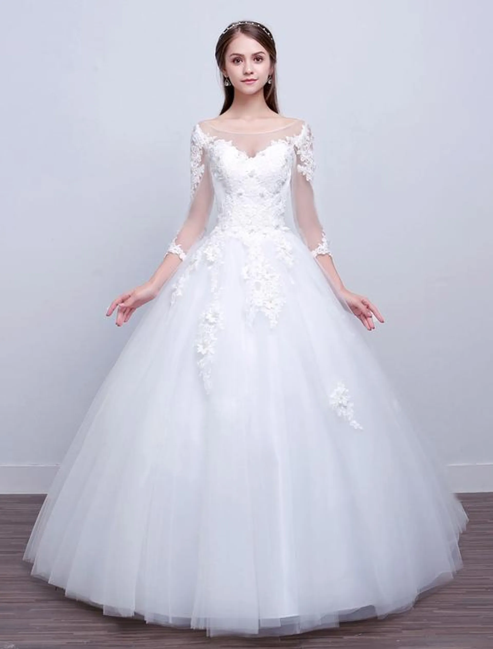 Princesa Vestido de bola Vestidos de novia Manga larga Encaje Ilusión Marfil Hasta el suelo Vestido de novia
