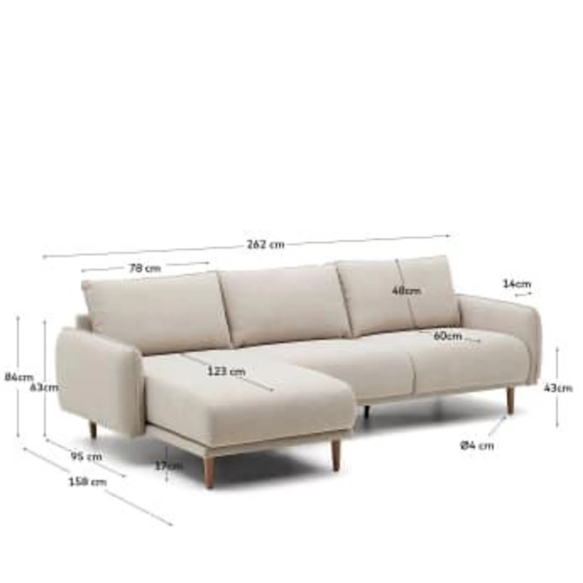 Sofá Carlota 3 plazas con chaise longue derecho/izquierdo beige 262 cm