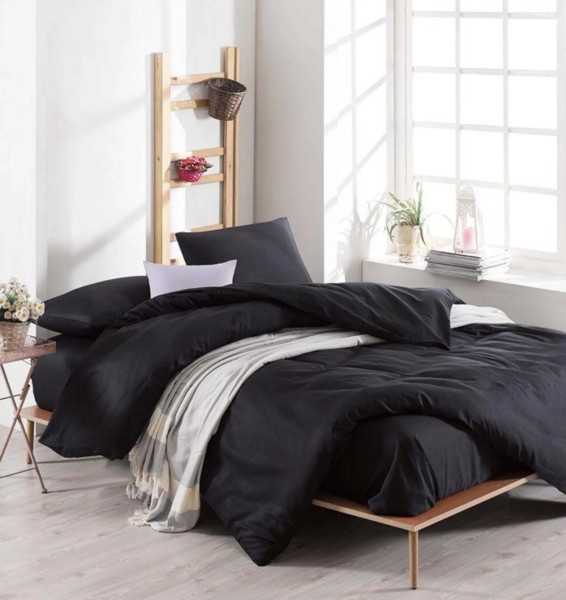 Duzibiz Ropa de cama 200x220cm con sábana plana 220x240cm y 2 fundas de almohada 50x70cm Negro