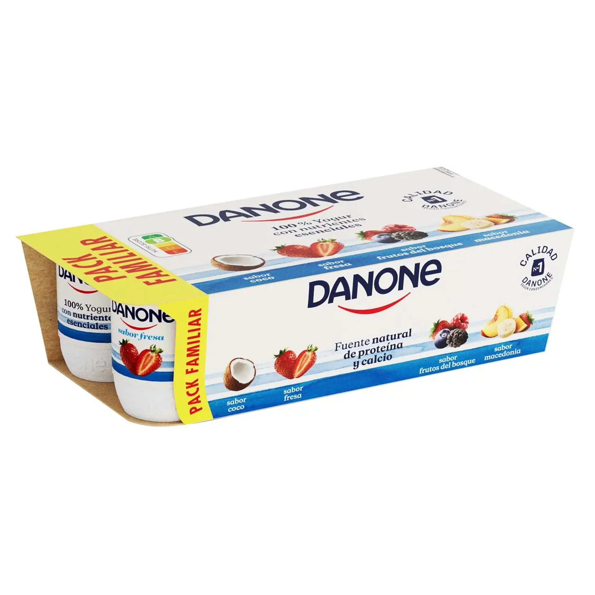 DANONE Yogures con sabores variados (2 de fresa, 2 de macedonia, 2 de coco y 2 de frutas del bosque) 8 x 120 ml.