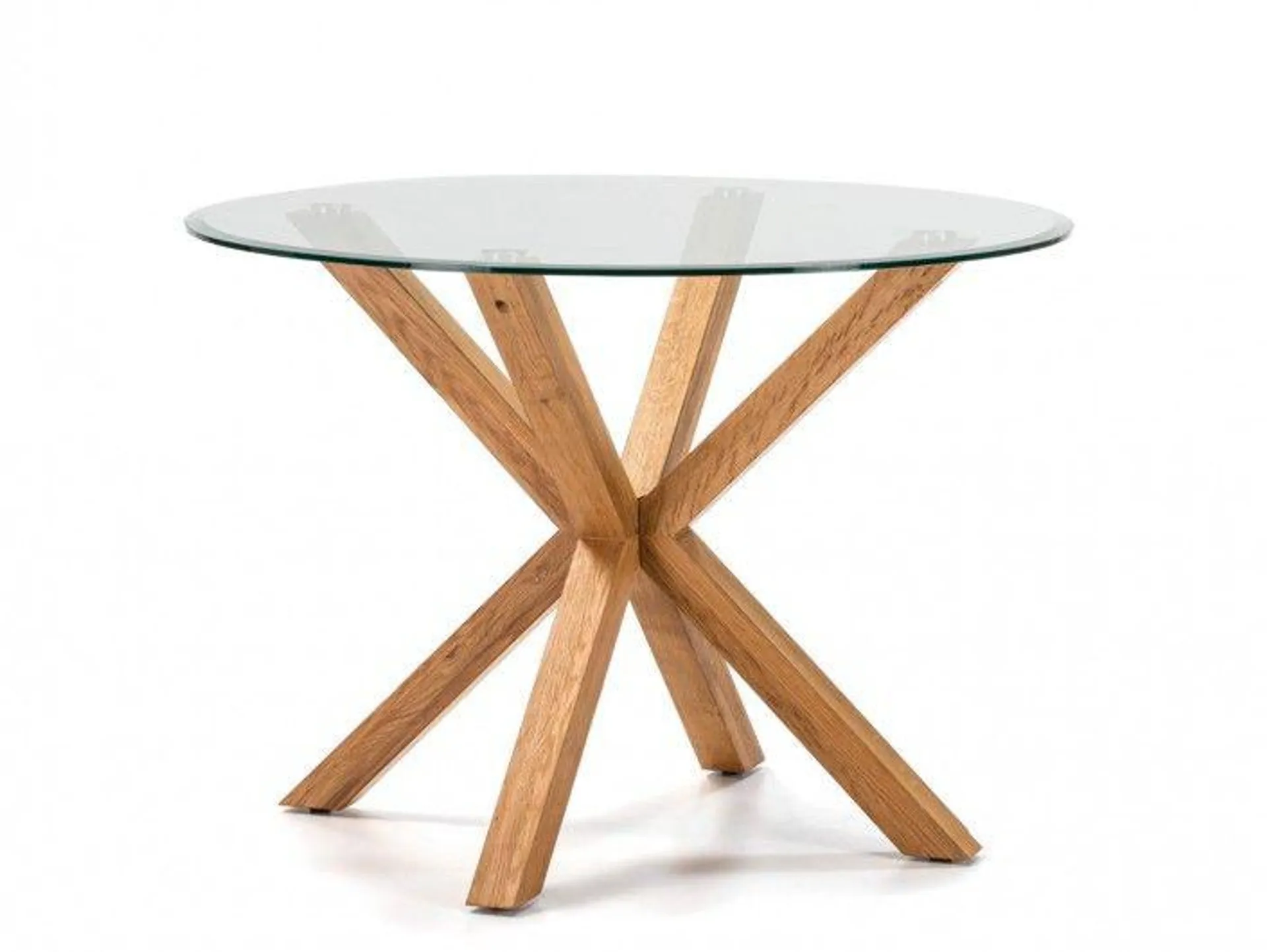 Mesa de comedor redonda fija madera y tapa cristal transparente color roble