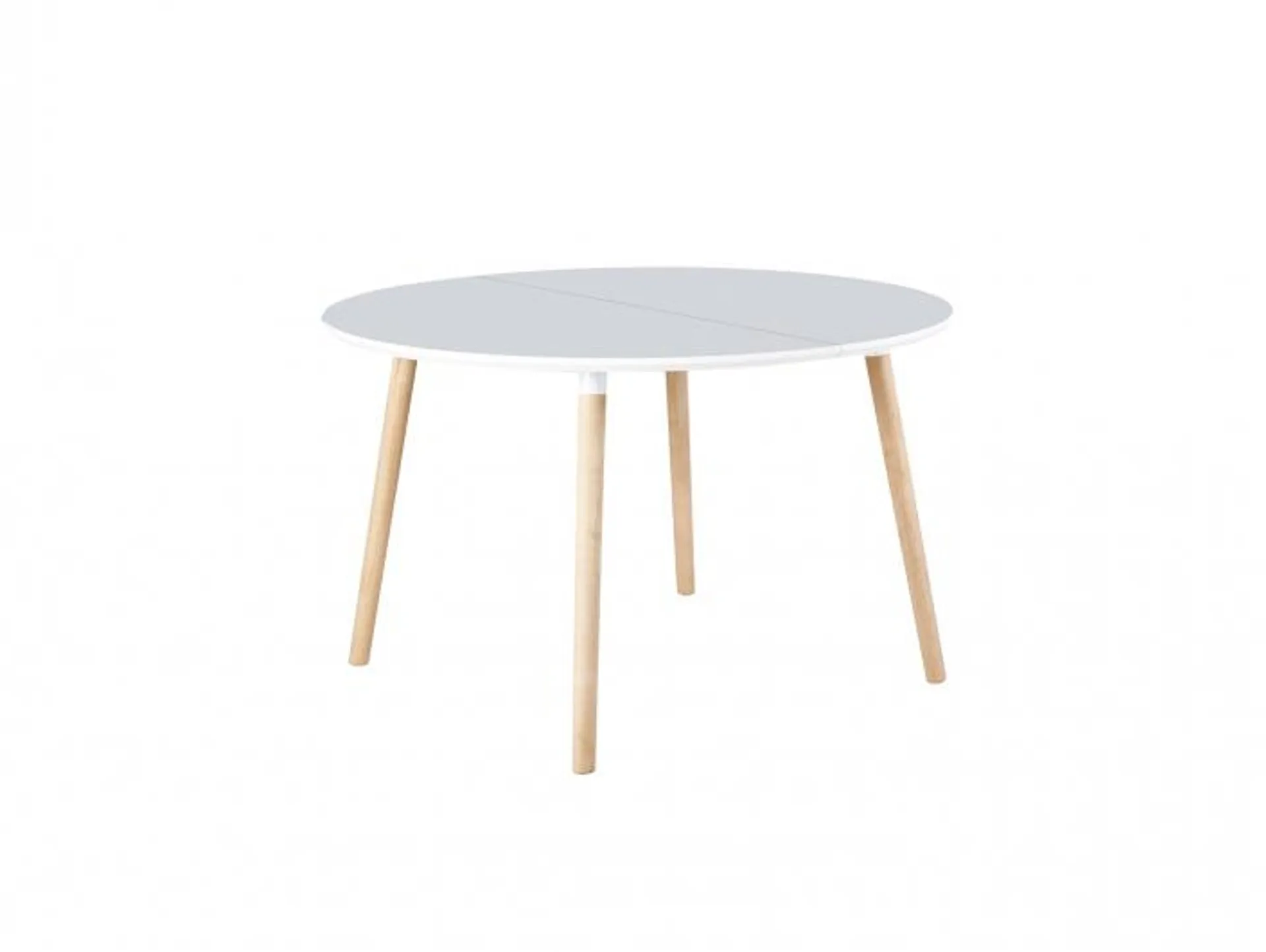 Mesa de comedor redonda extensible con tapa lacada blanca y patas de madera de haya