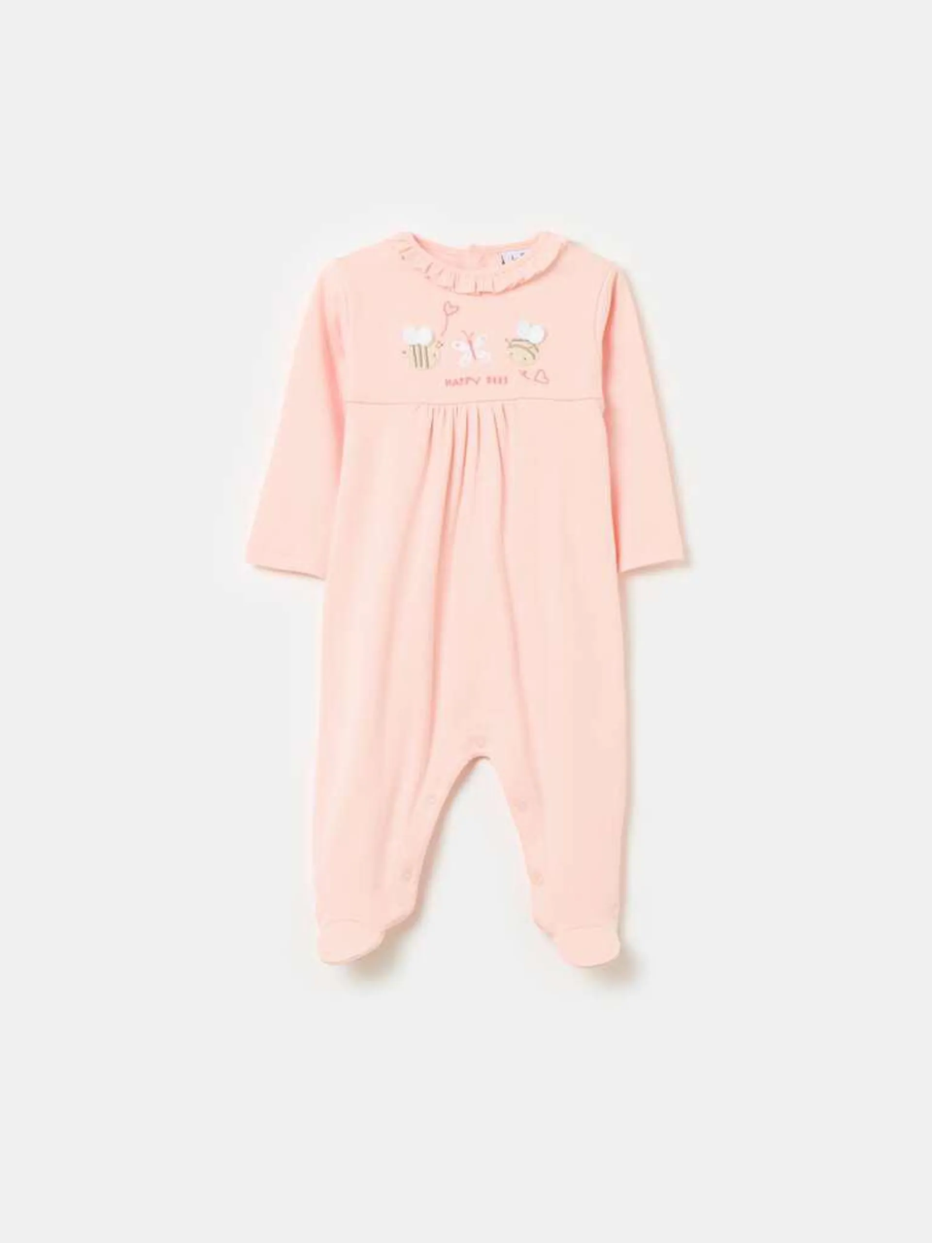 Organic cotton onesie with feet and embroidery Rose bébé