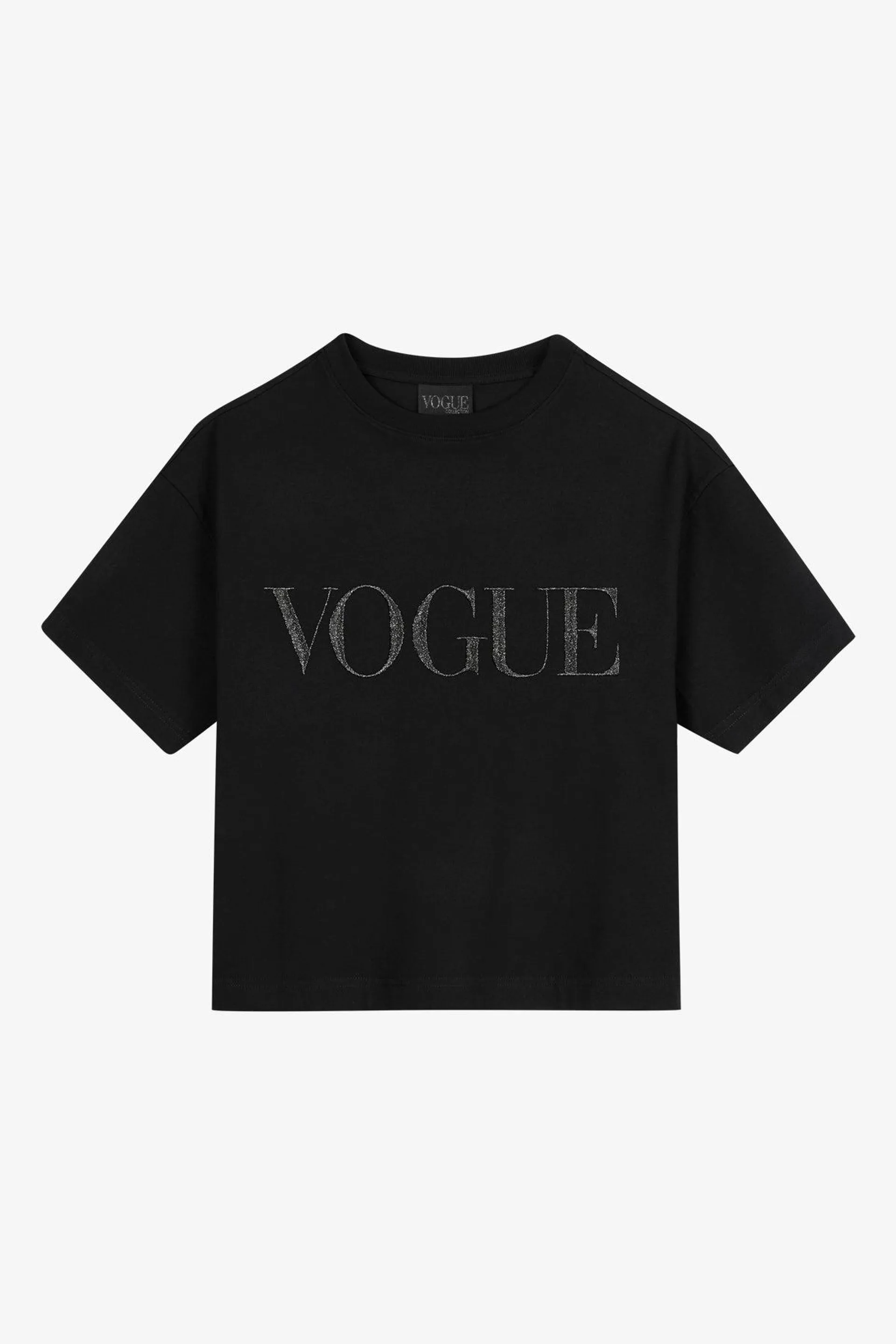 Camiseta VOGUE cropped negra con logo bordado glitter