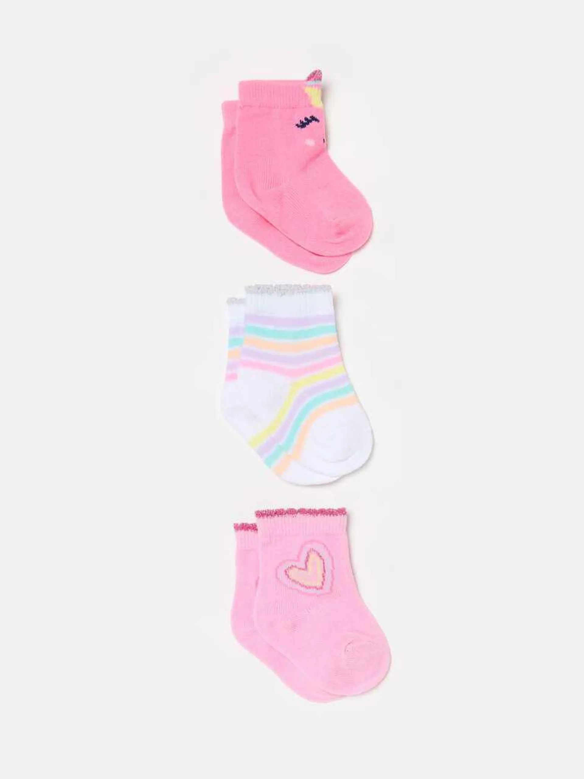 Three-pair pack short stretch socks with stripes and heart Blanc/rose