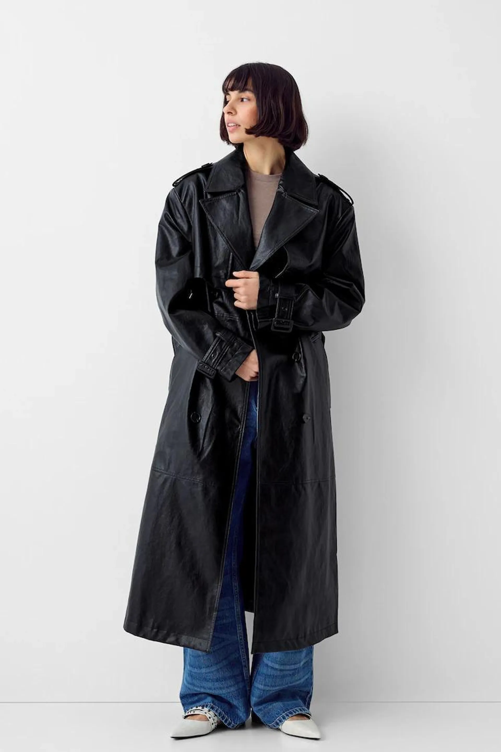 Extra-long leather effect trench coat