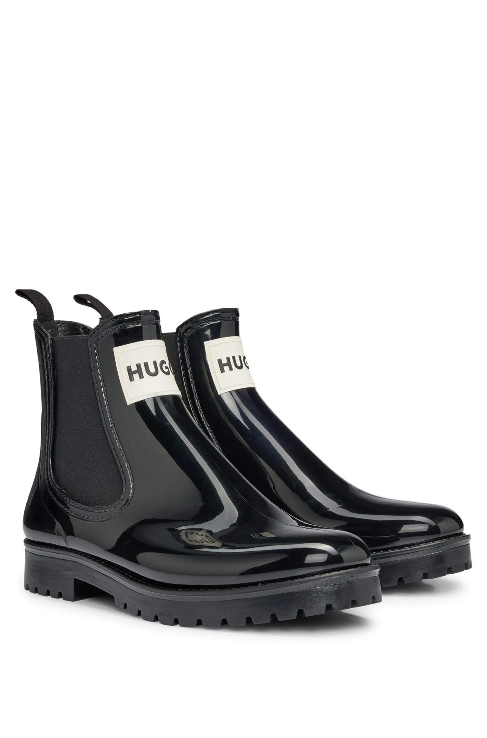 Botas de agua estilo Chelsea brillantes con parche de logo