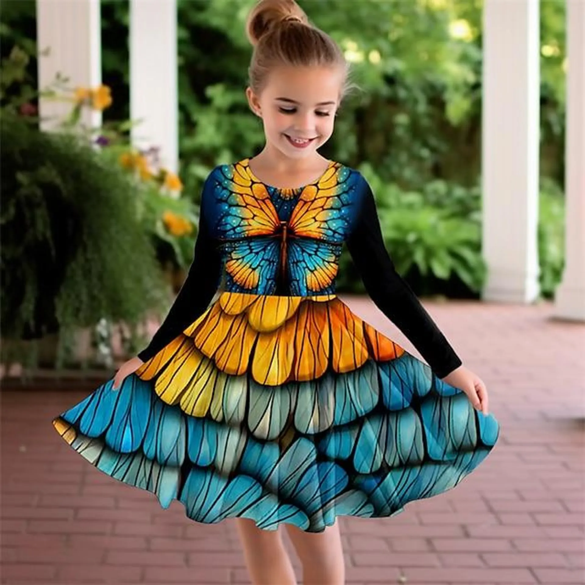 Girls ' 3D Mariposa Vestido Manga Larga Impresión 3D Otoño Invierno Deporte Diario Festivos Estilo lindo Casual Hermosa Niños 3-12 años Vestido informal Vestido de una línea Sobre la rodilla Poliéster