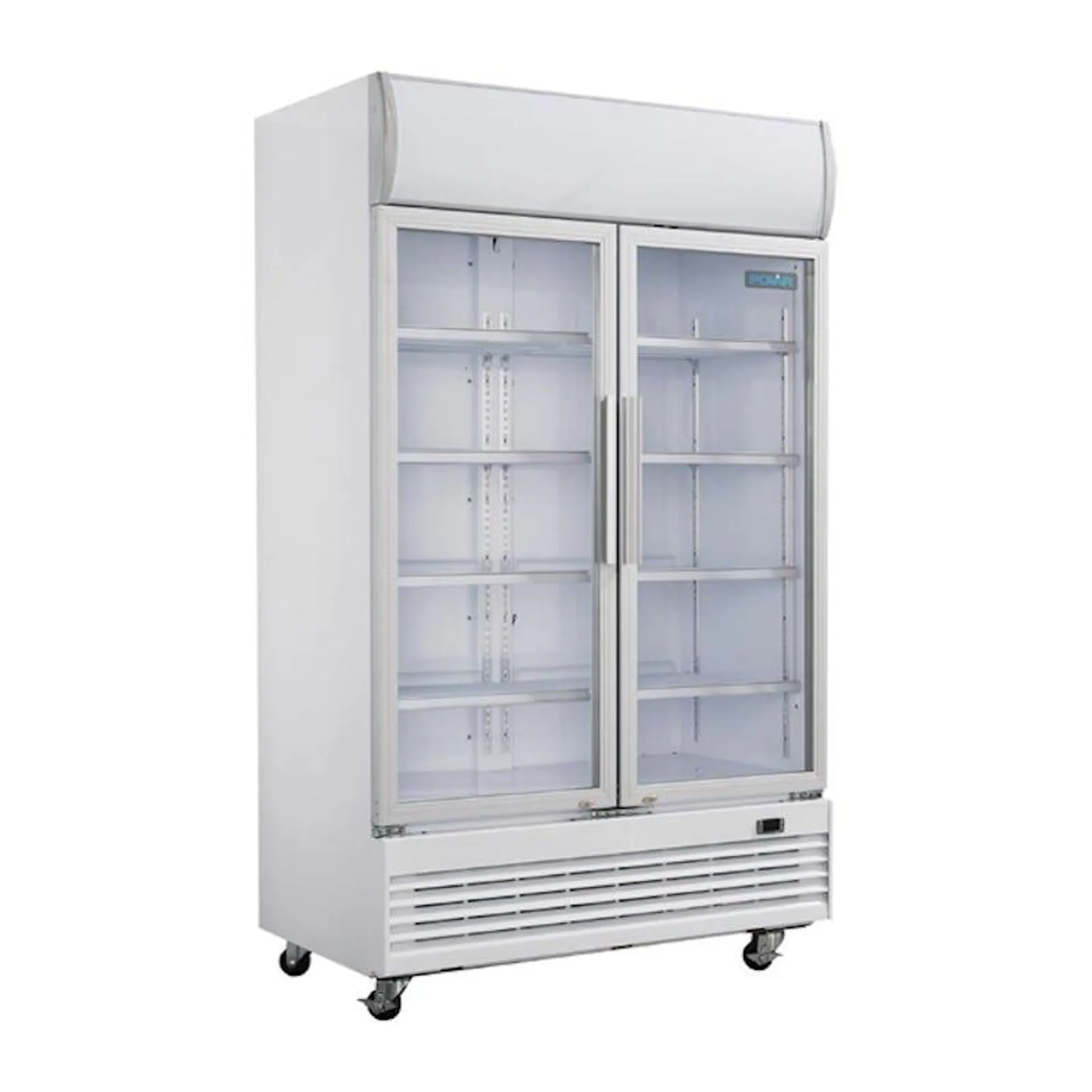 Frigorífico expositor para bebidas con panel iluminado, blanco, 2 puertas de vidrio abatibles, con cerradura, Polar 950L GE580