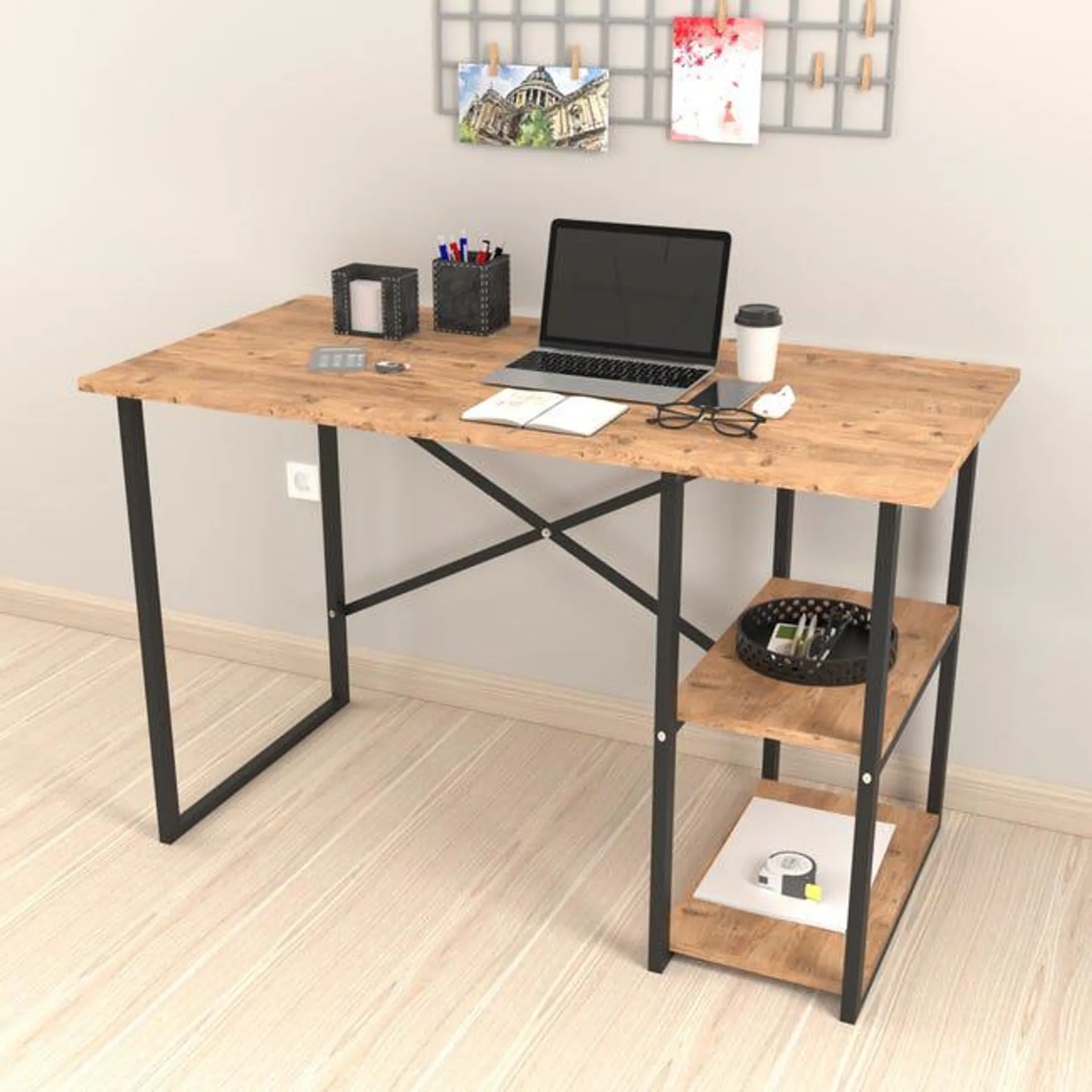 Escritorio Nittedal con 2 estantes aglomerado / metal 75 x 120 x 60 cm efecto roble [en.casa]