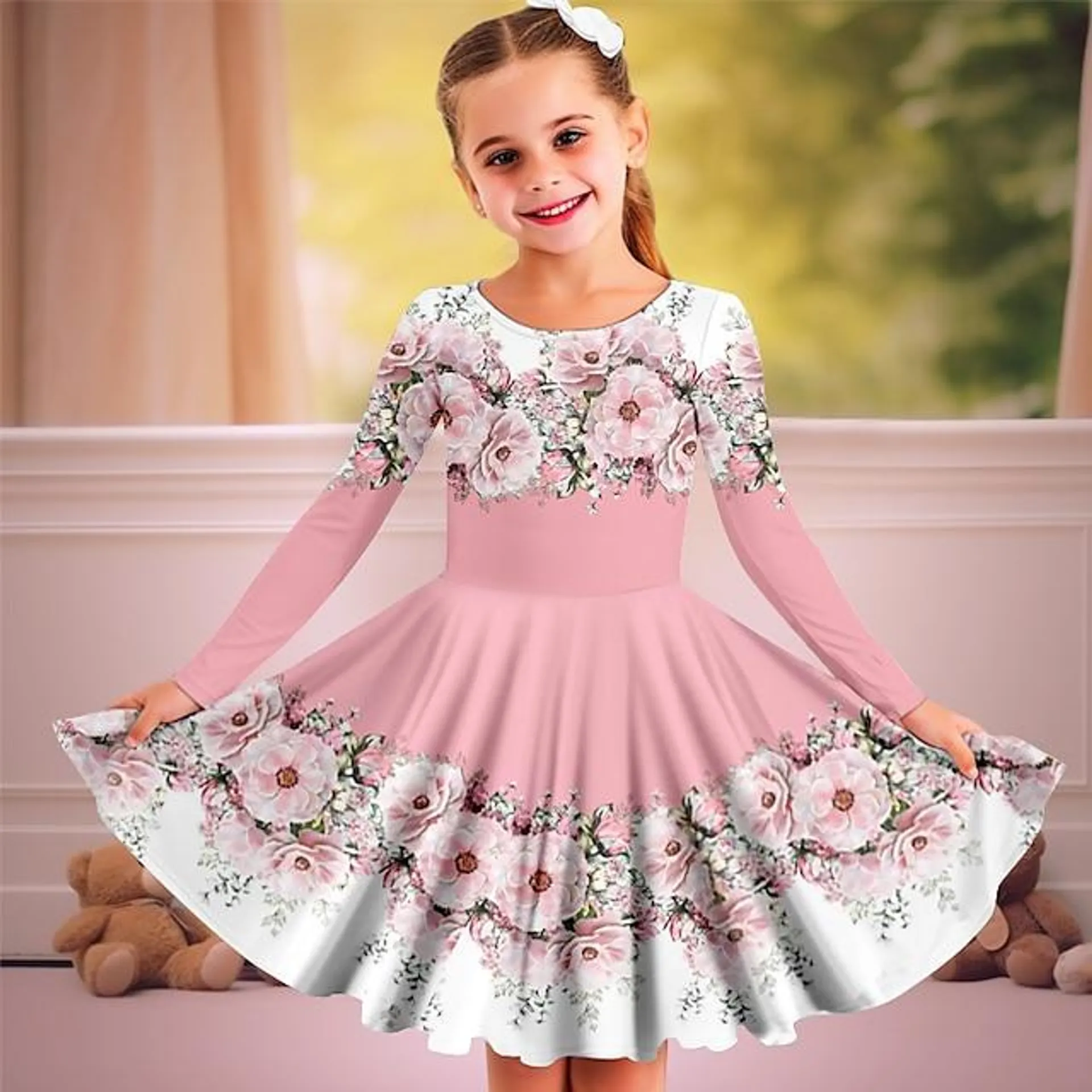 Carnaval Girls ' 3D Floral Vestido Rosa Manga Larga Impresión 3D Primavera Otoño Deporte Diario Festivos Estilo lindo Casual Hermosa Niños 3-12 años Vestido informal Vestido de una línea Sobre la