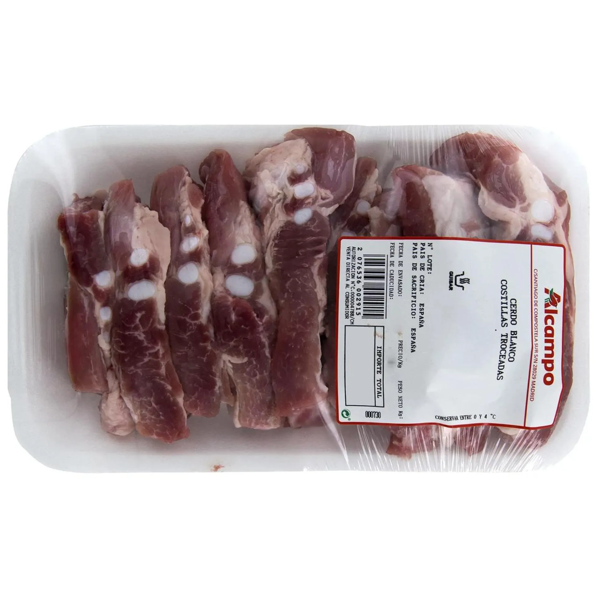 Tiras de costilla de cerdo blanco, ideales para guisos