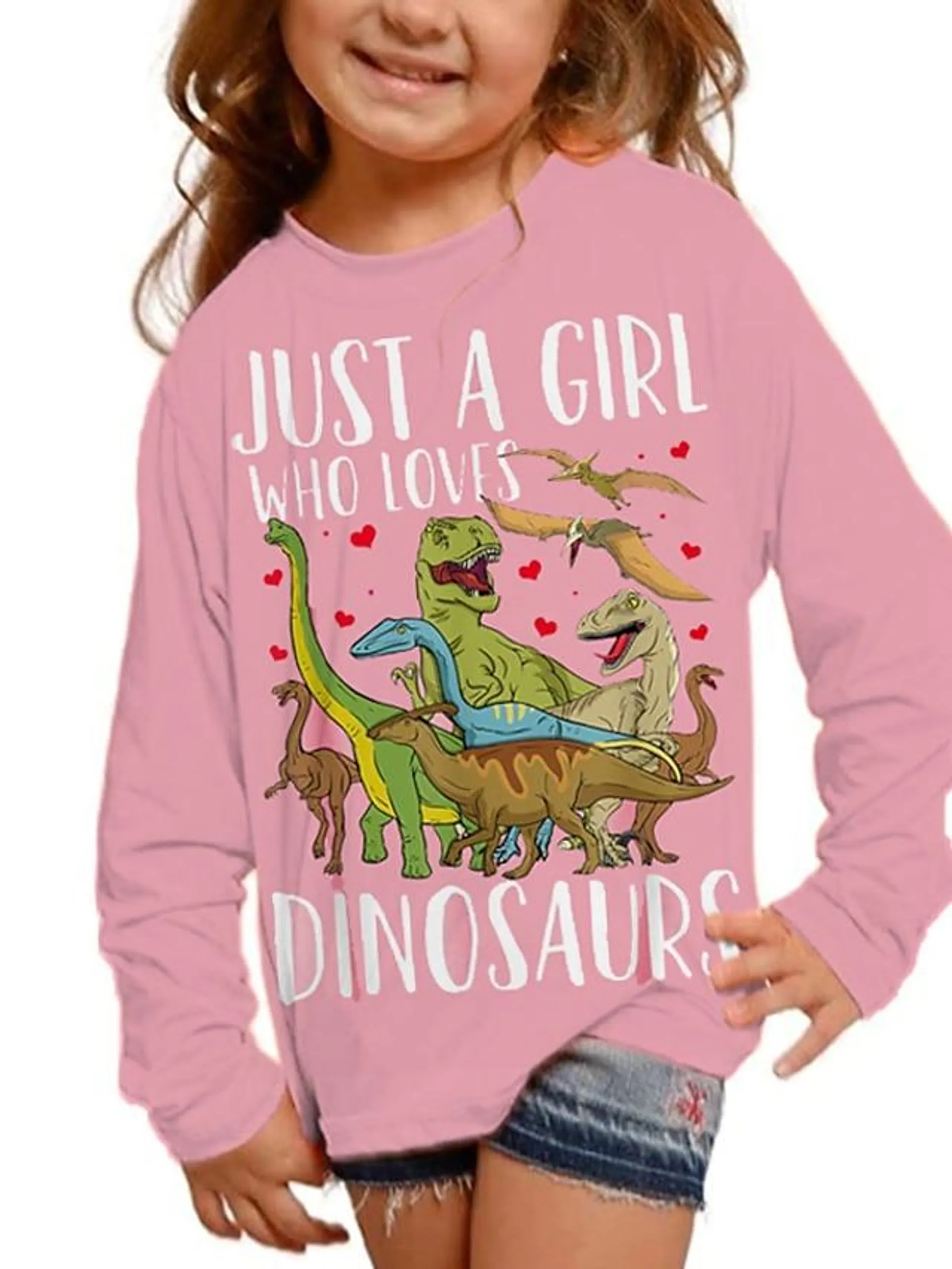 chica 3d rosa dinosaurio camiseta manga larga 3d estampado otoño invierno activo moda diario poliéster niños 3-12 años al aire libre diario regular fit