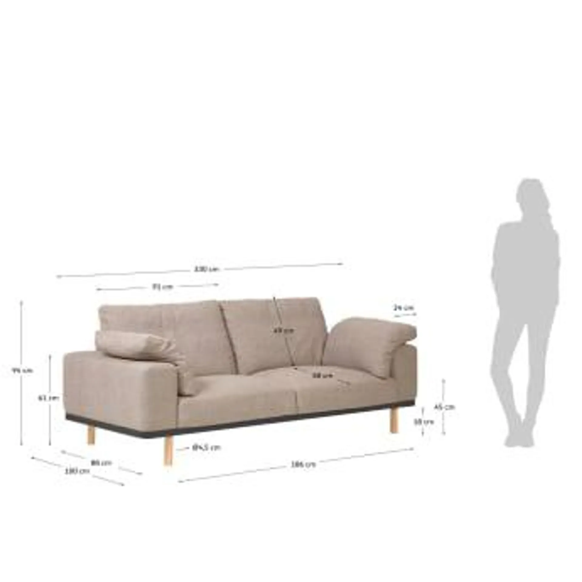 Sofá Noa 3 plazas con cojines beige patas acabado natural 230 cm