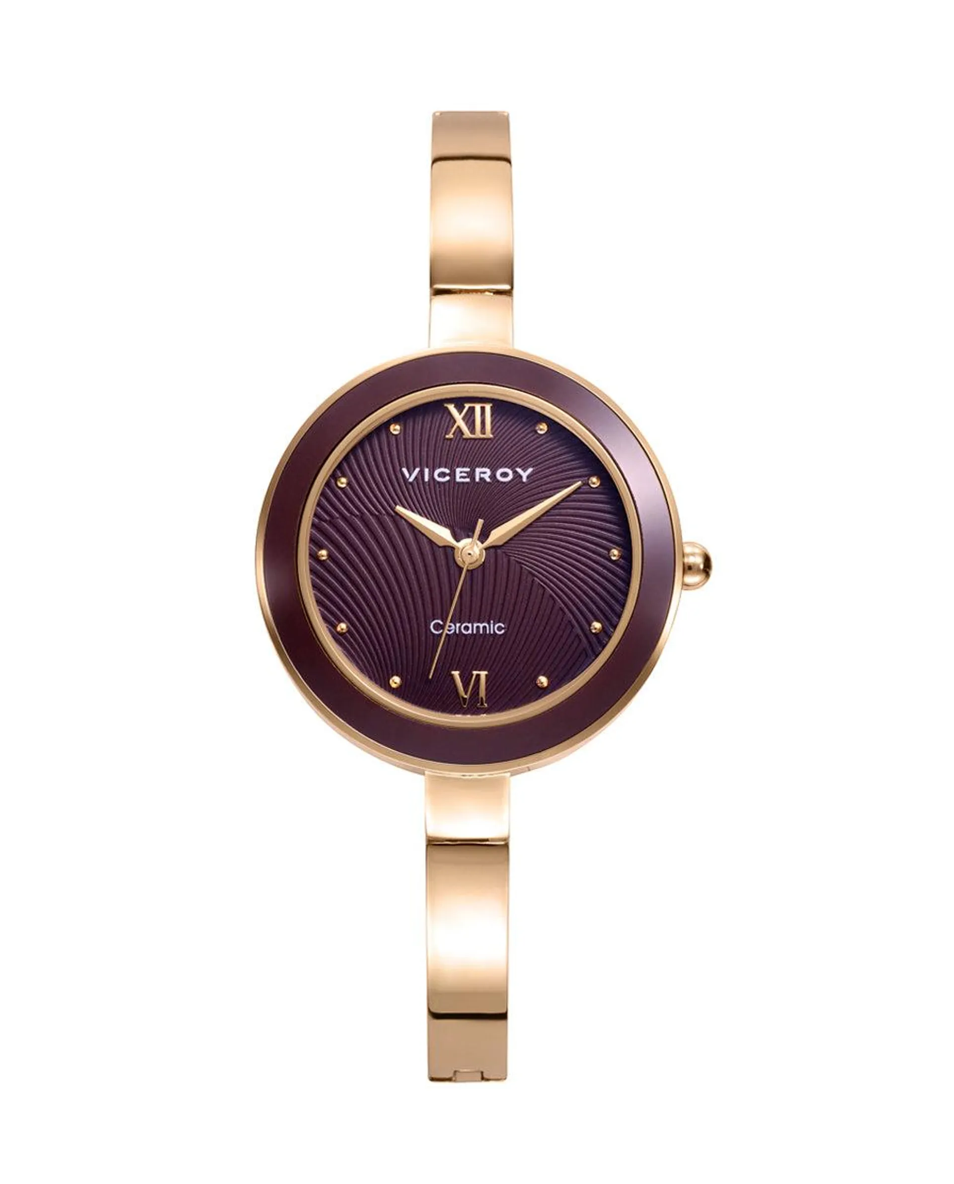 Reloj de mujer Ceramica tres agujas de acero Ip dorado y esfera marrón