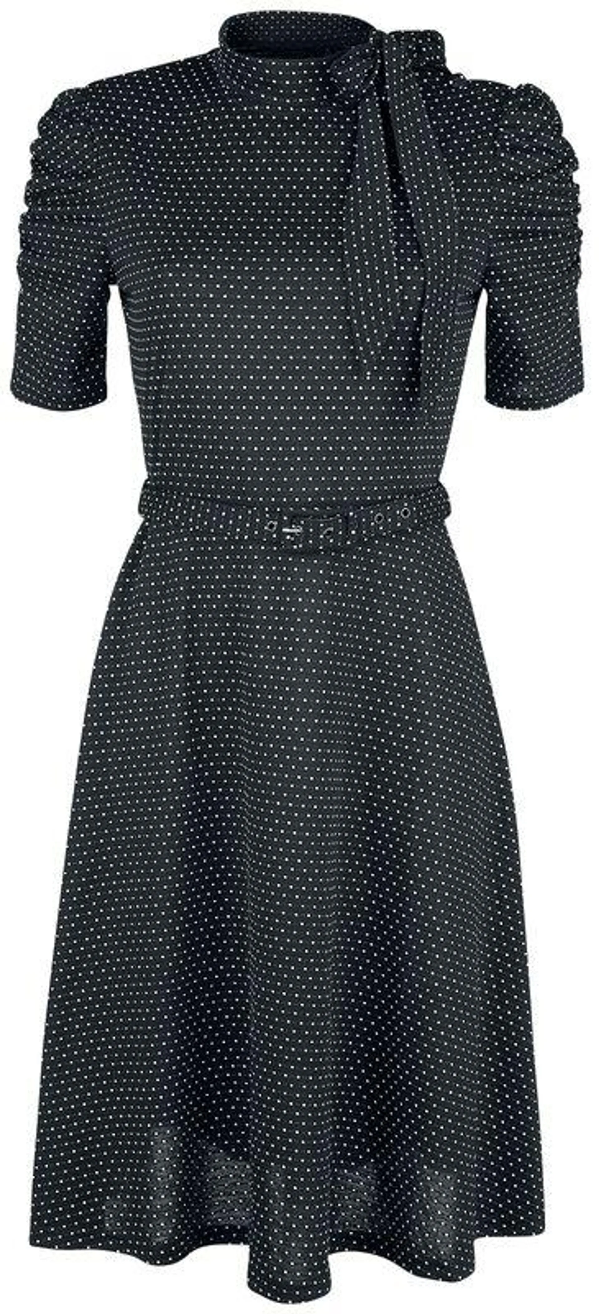 Posie Black Polka Dot Tie-neck Dress | Abito media lunghezza | nero | Voodoo Vixen