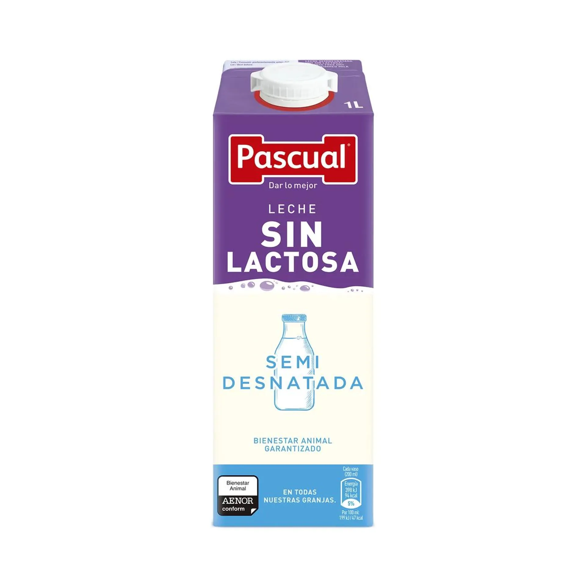 PASCUAL Leche de vaca semidesnatada y sin lactosa 1 l.