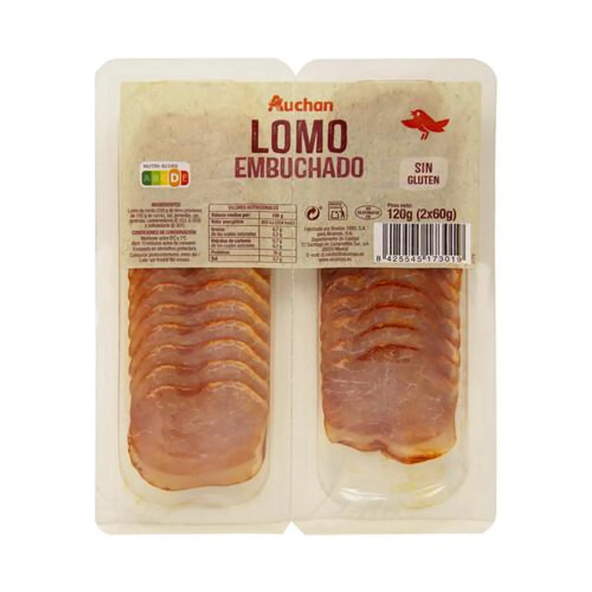 AUCHAN Lomo embuchado, sin gluten y cortado en lonchas 2 x 60 g. Producto Alcampo