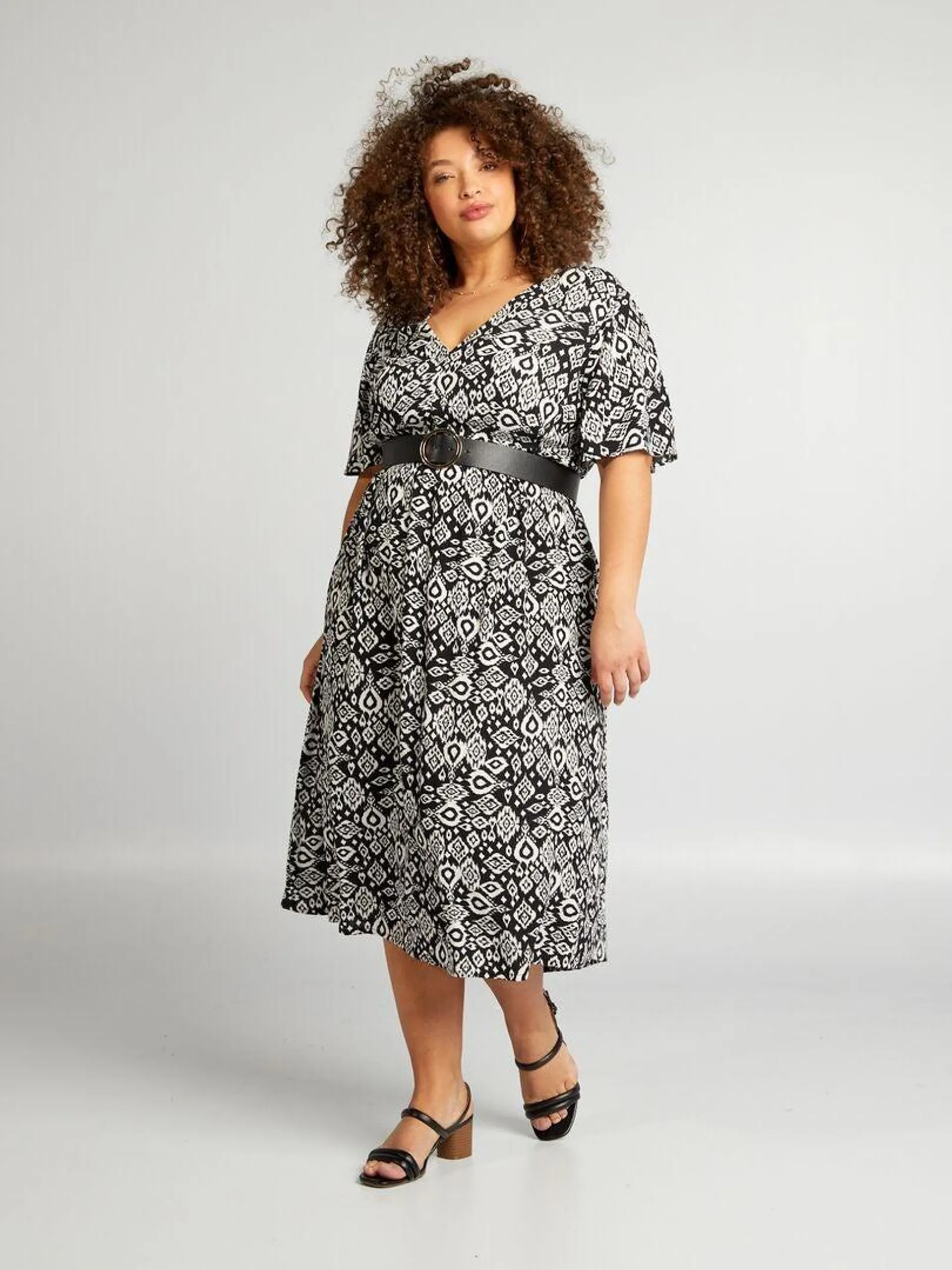 Robe midi stretch avec manches papillon - Noir/blanc