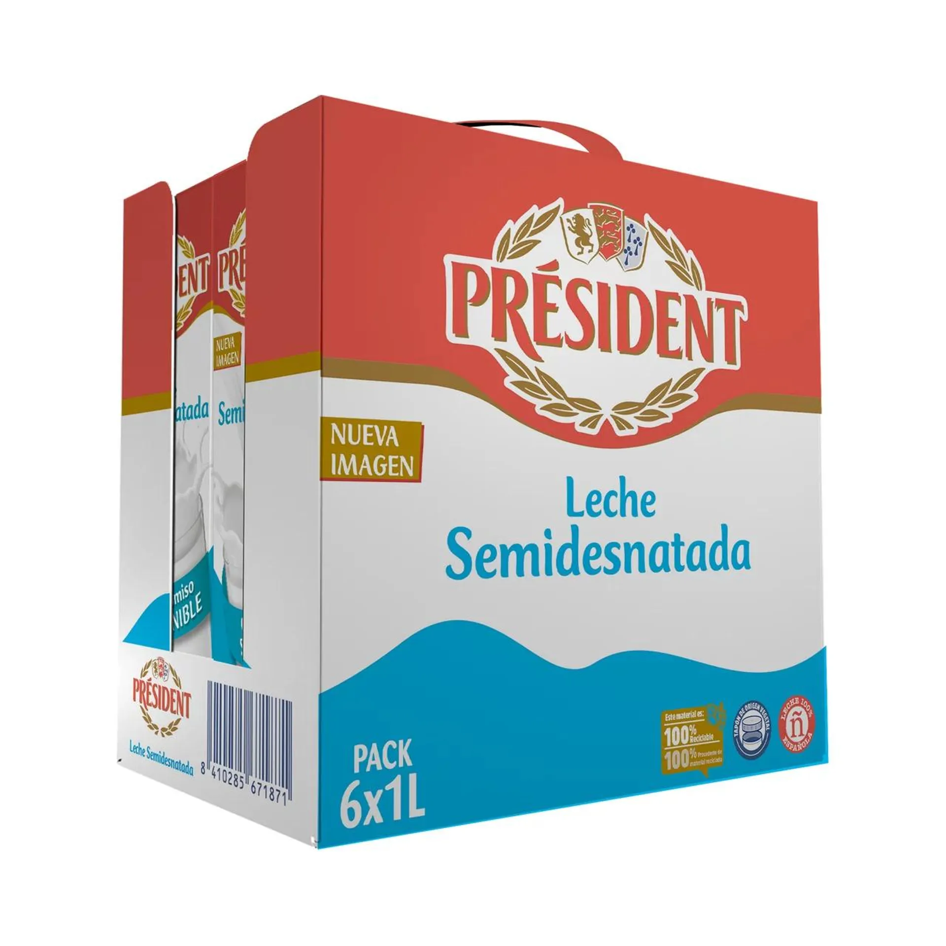 PRÉSIDENT Leche semidesnatada de vaca de origen 100% español 6 x 1 l.