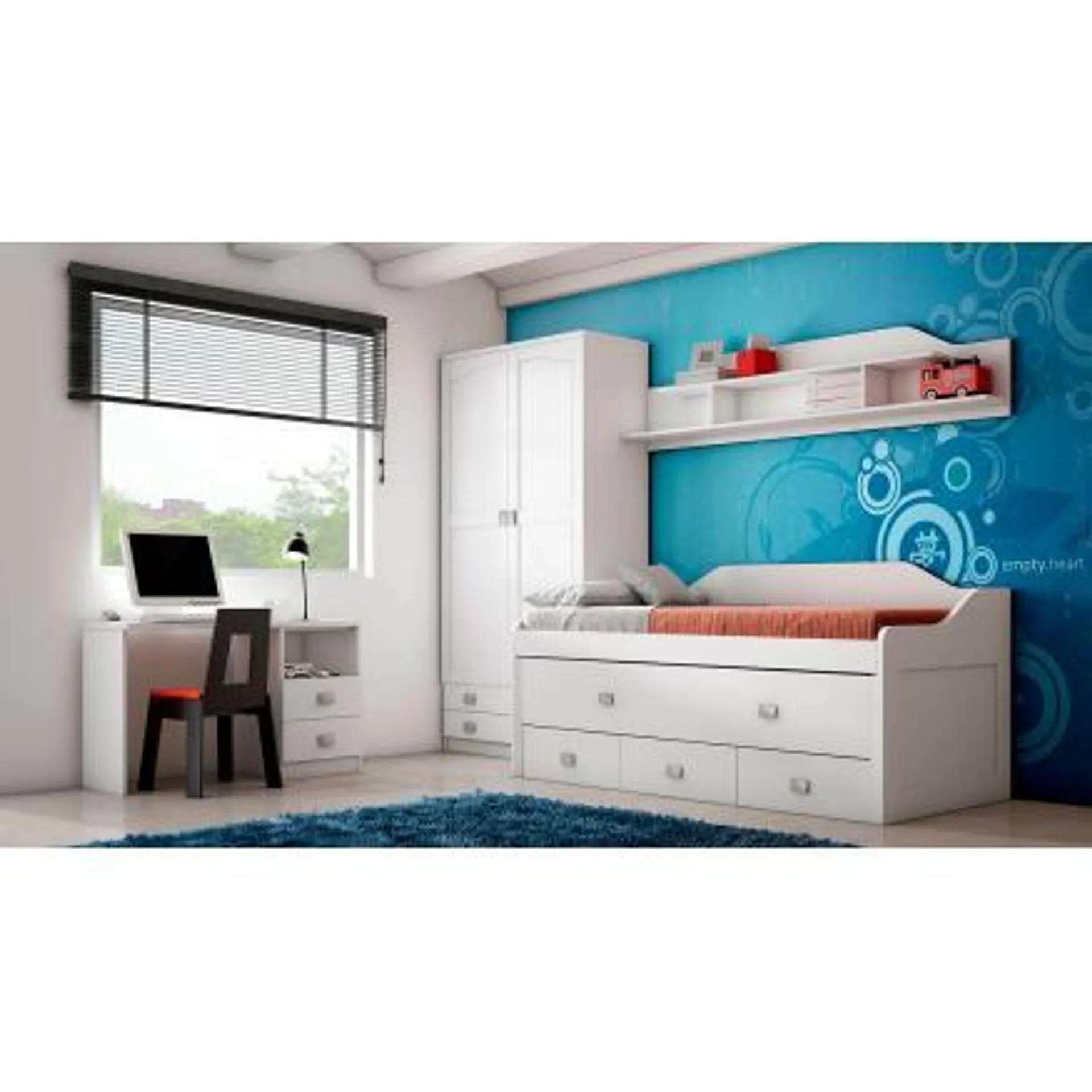 Dormitorio juvenil con cama compacta en color blanco