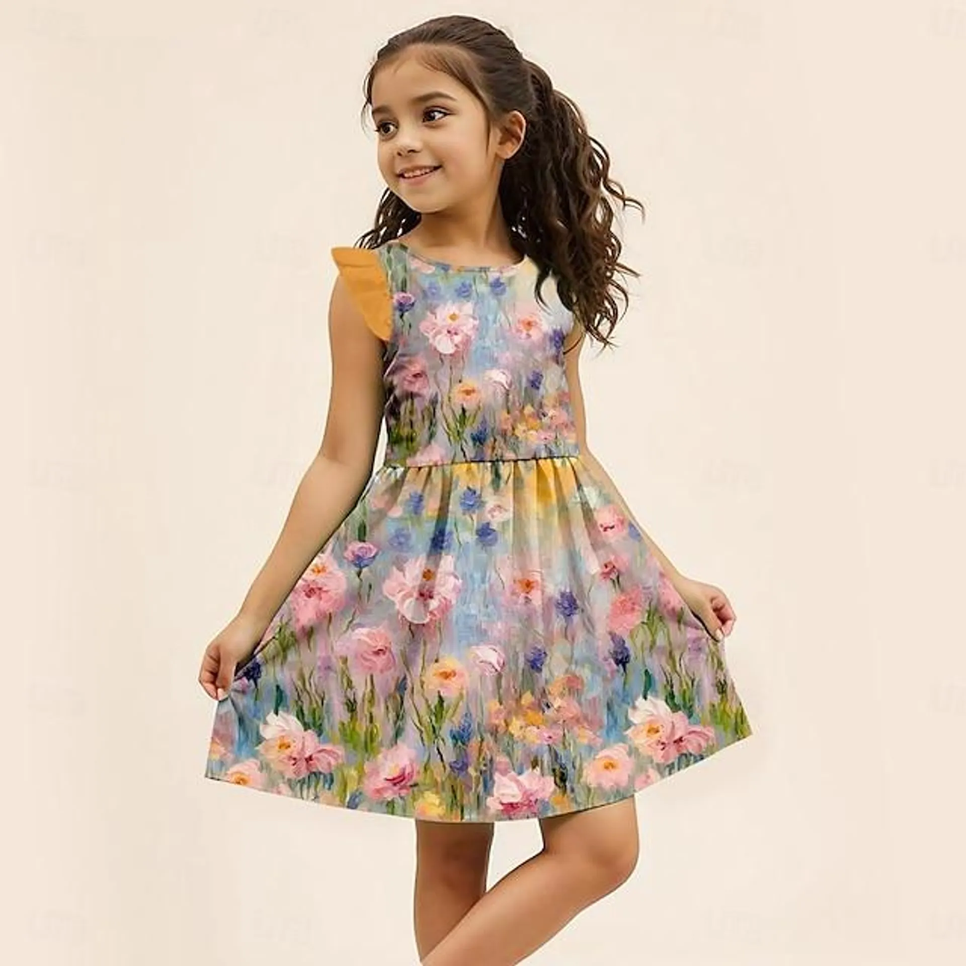 Girls ' 3D Floral Vestido de volante Sin Mangas Impresión 3D Verano Estilo lindo Dulce Niños 3-12 años Vestido informal Hasta la Rodilla Poliéster Ajuste regular