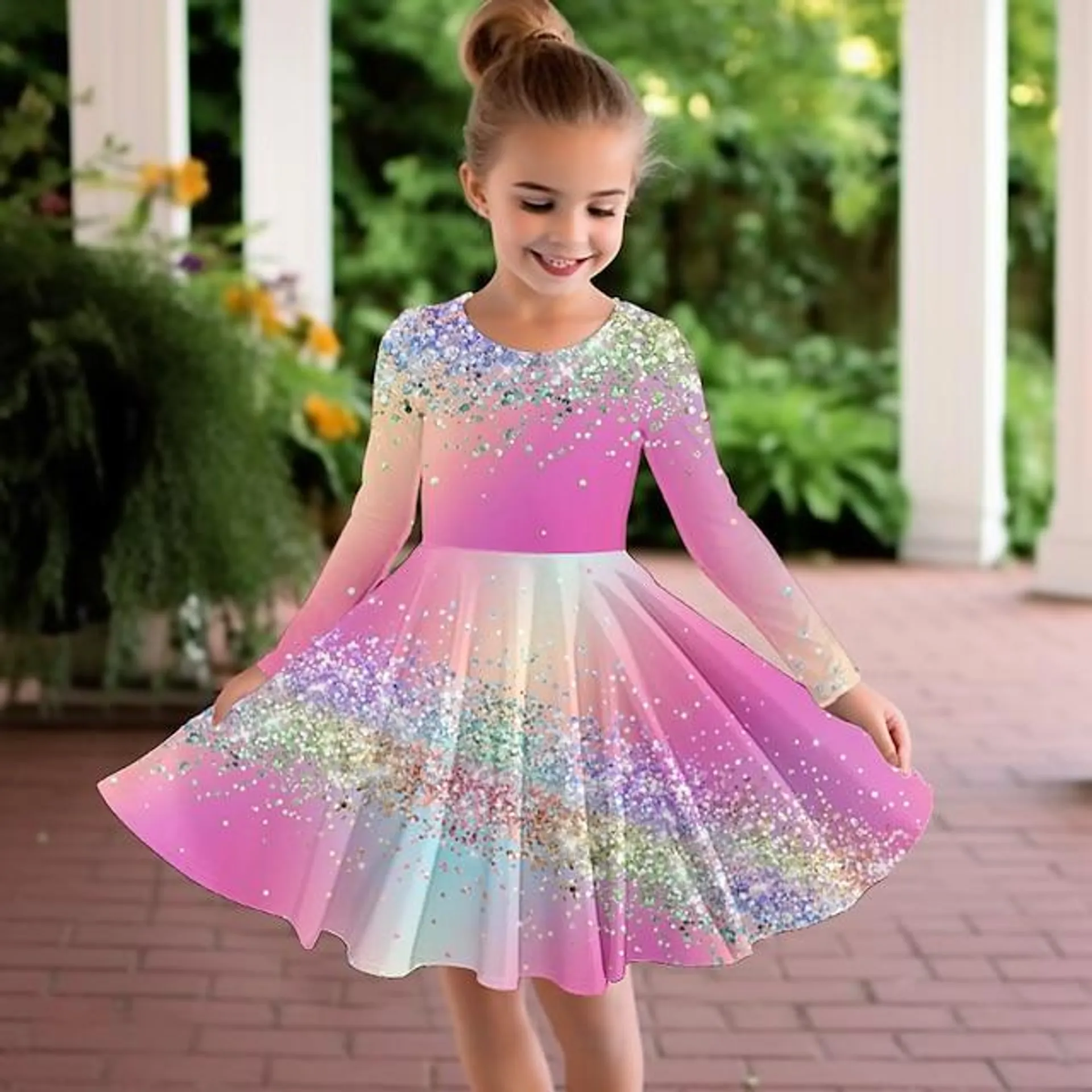 Girls ' 3D Gradiente de Color Vestido Manga Larga Impresión 3D Otoño Invierno Deporte Diario Festivos Estilo lindo Casual Hermosa Niños 3-12 años Vestido informal Vestido de una línea Sobre la rodilla