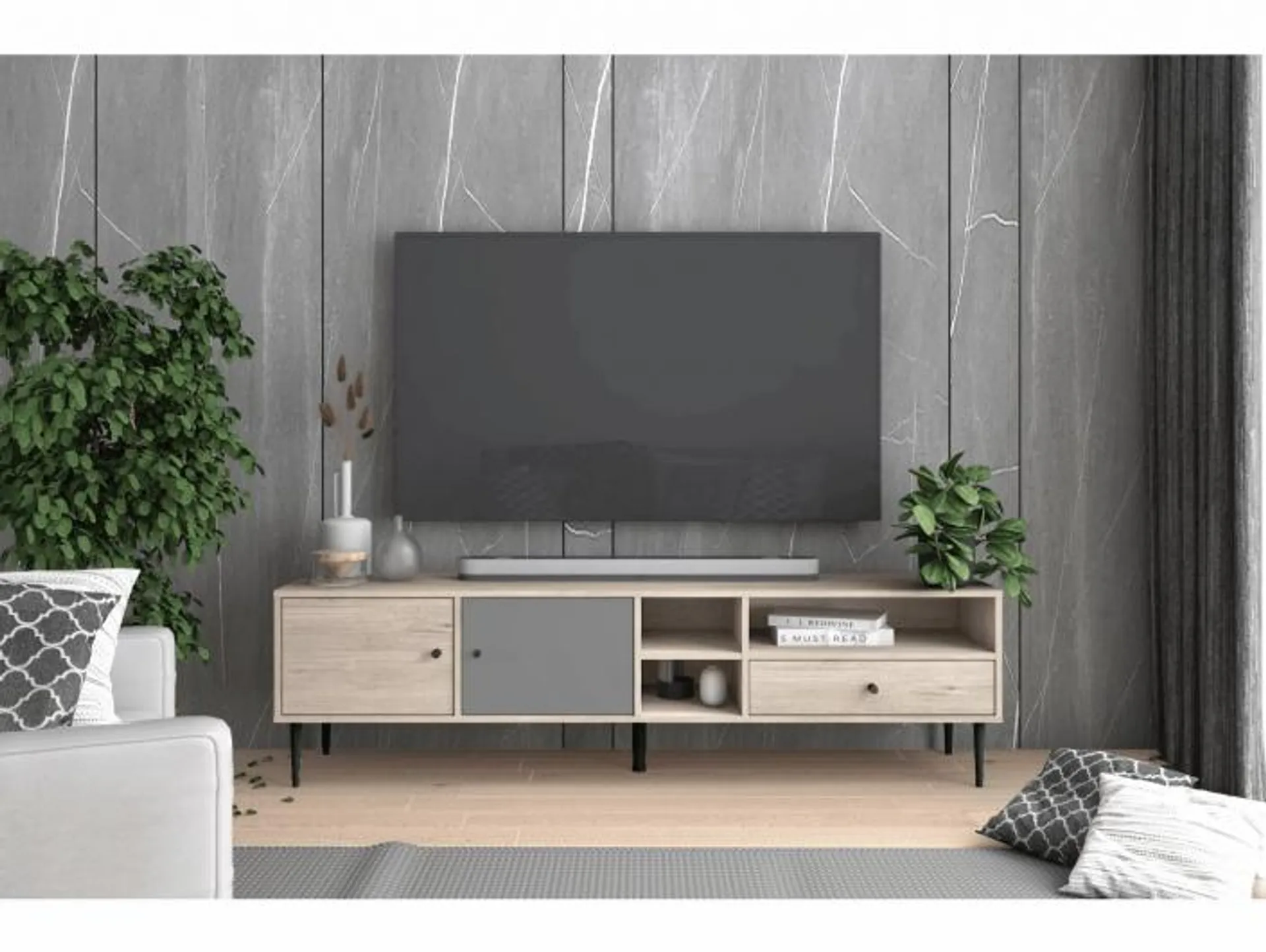 Mueble Tv con puertas, cajón y huecos color sahara-gris pizarra-blanco