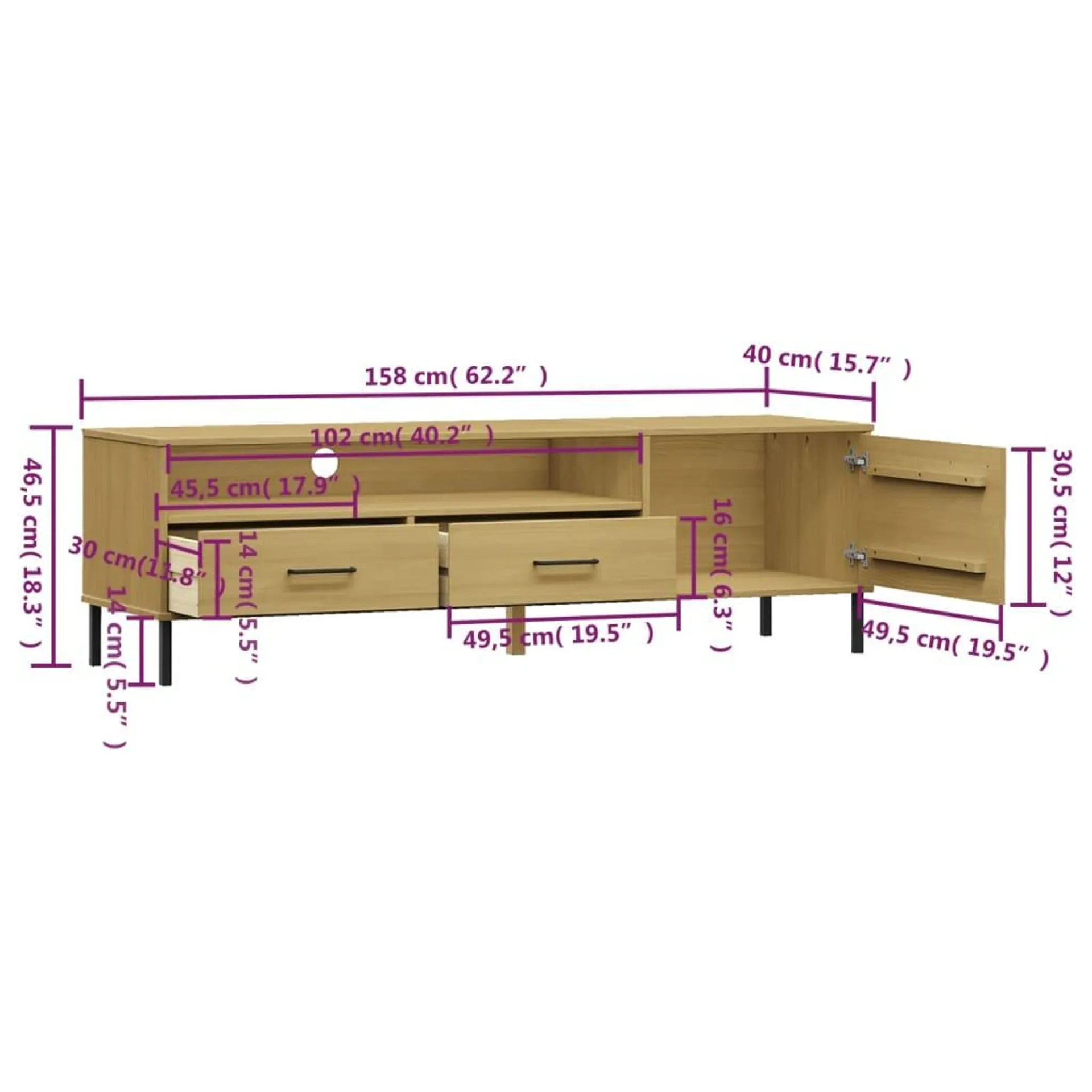 Mueble de TV Oslo 2 cajones + armario + compartimento madera de pino 46,5x158x40 cm