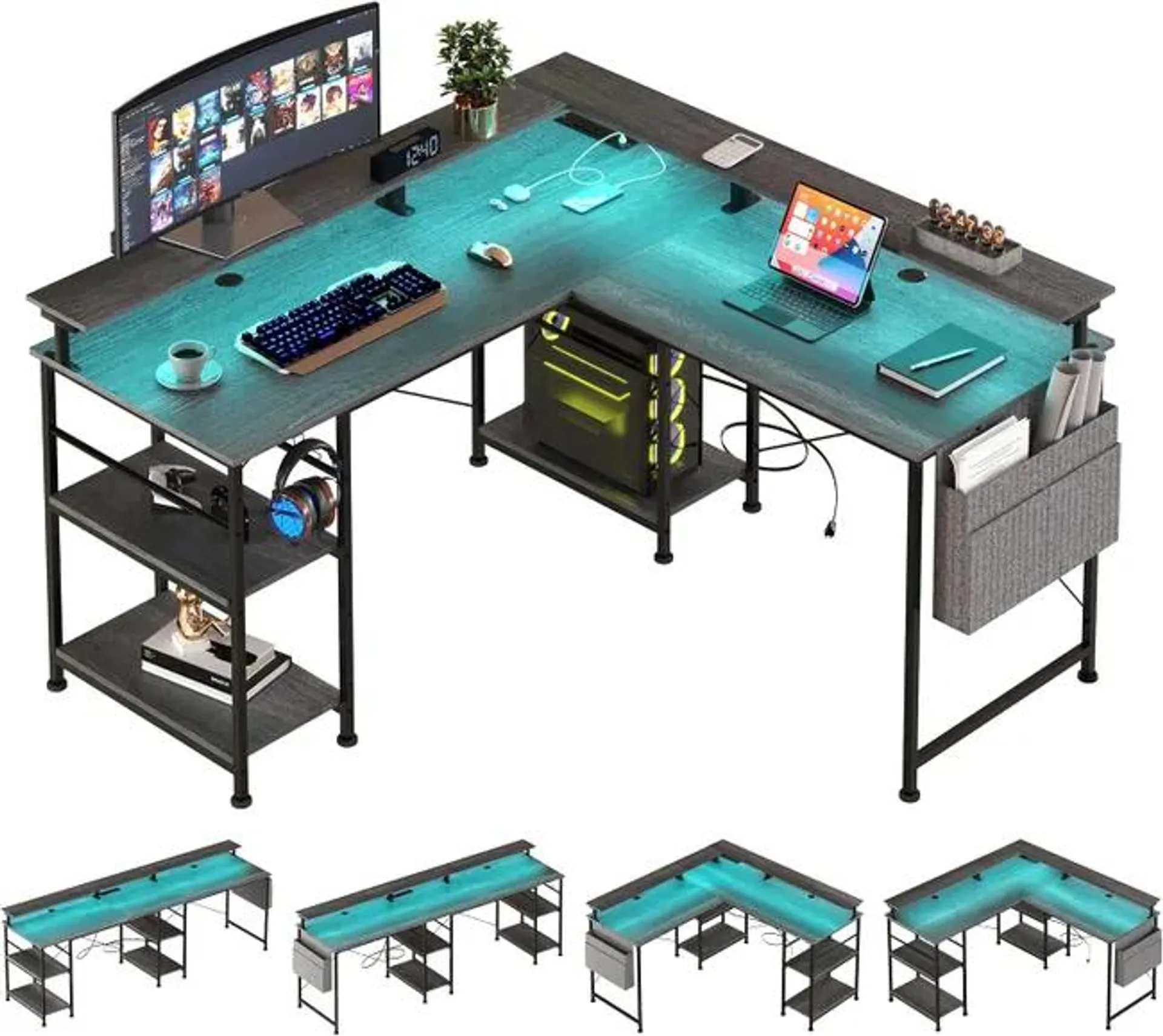 Escritorio en forma de L Tbfit, escritorio de computadora reversible con toma eléctrica y tira de LED, escritorio de gaming con soporte para monitor y