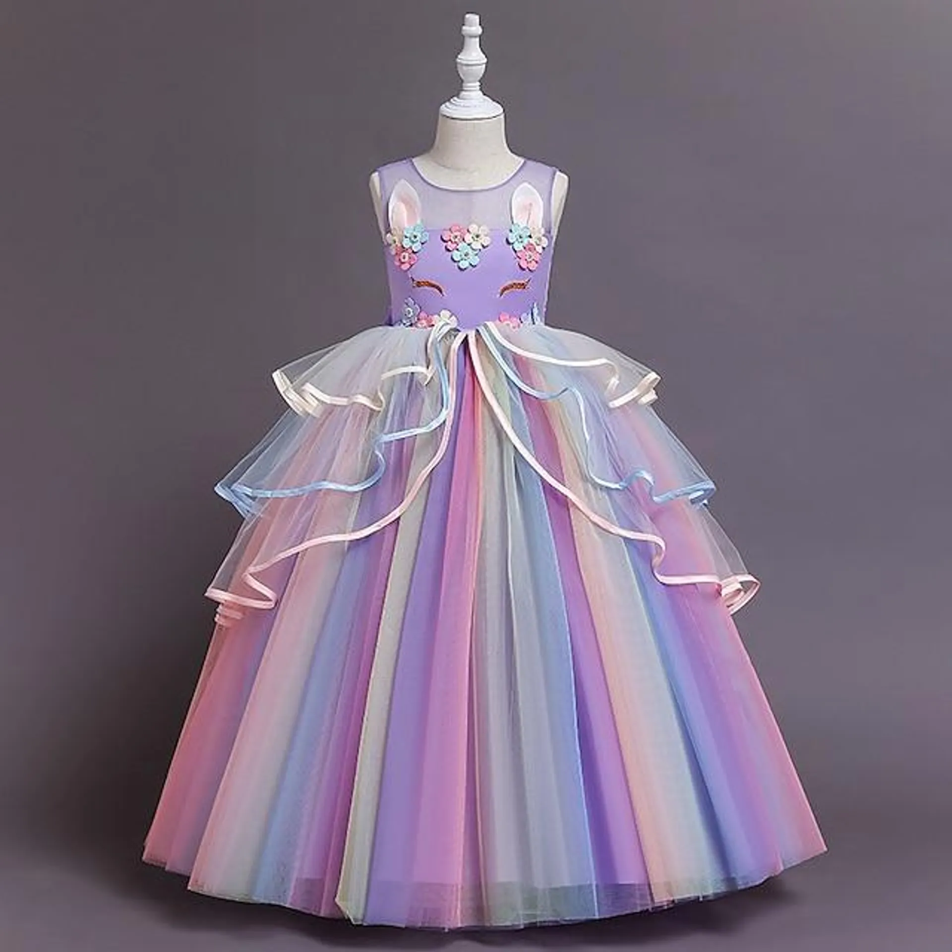 vestido de las niñas pequeñas fiesta de disfraces princesa unicornio arco iris flor bloque de color vestido de tul cumpleaños en capas con volantes blanco sonrojado rosa maxi sin mangas princesa