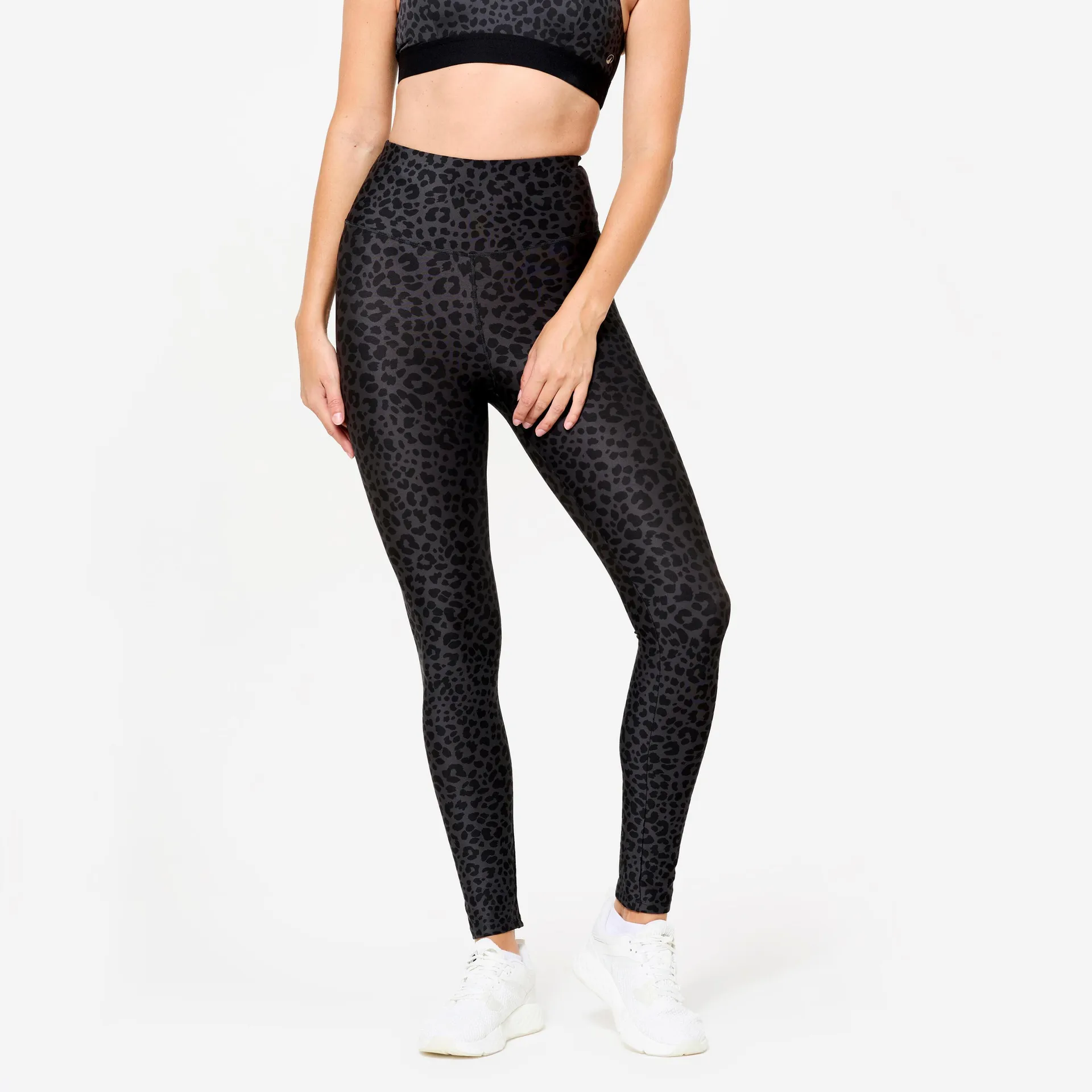 Leggings Fitness Mujer Gris Oscuro Estampado Leopardo Talle Alto