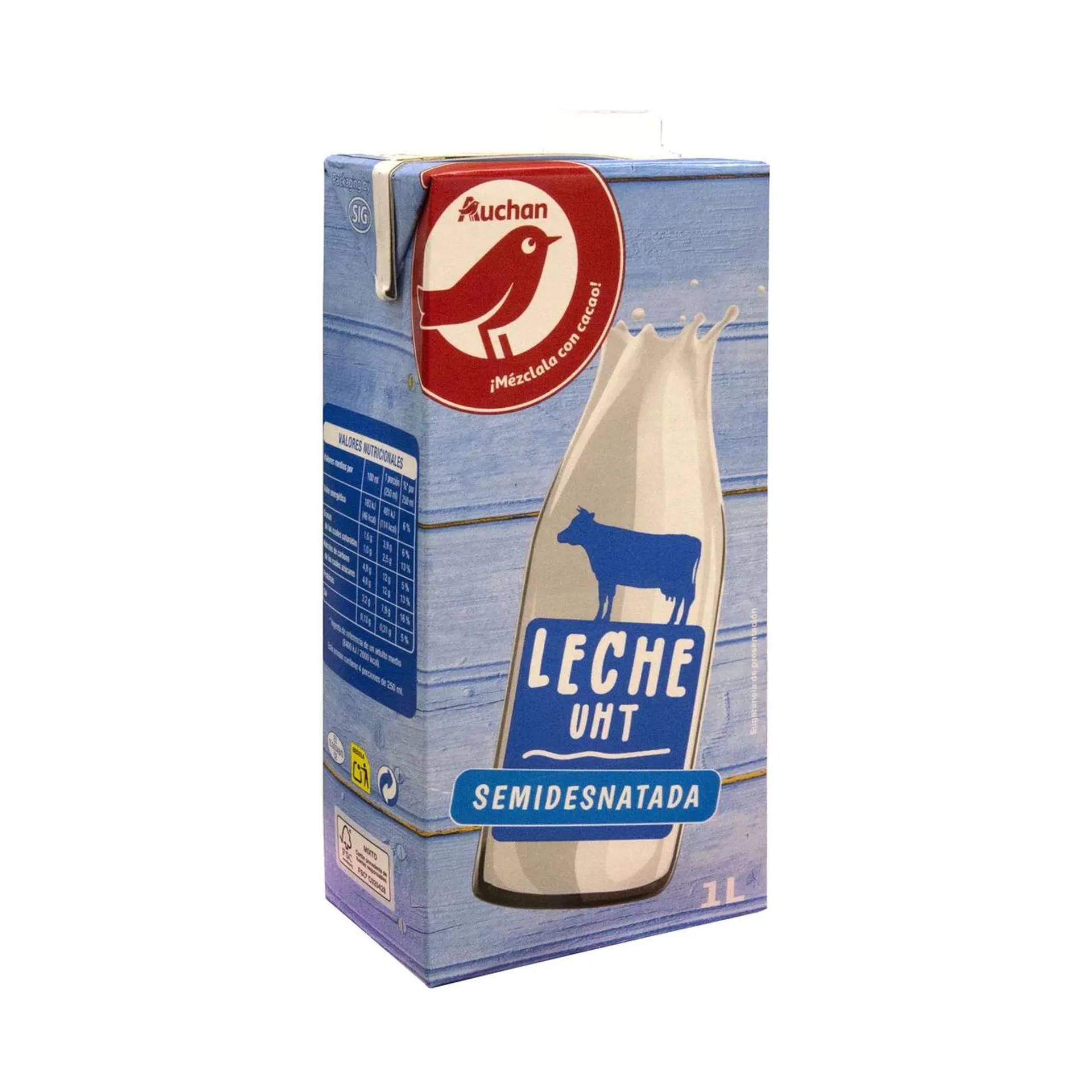 AUCHAN Leche semidesnatada de vaca 1 l. Producto Alcampo