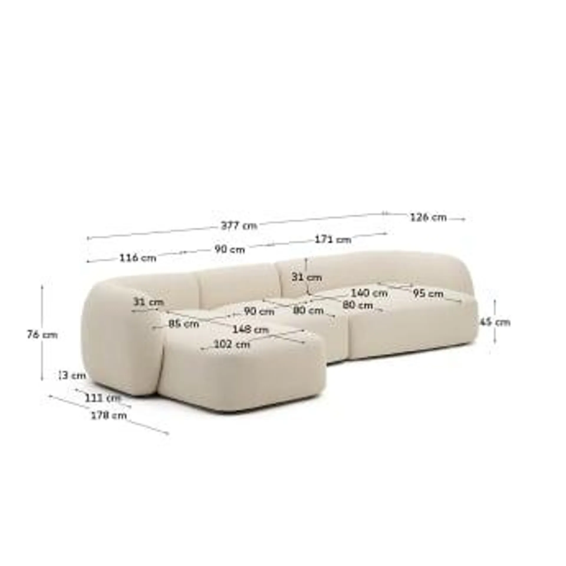 Sofá modular Martina 4 plazas de chenilla con chaise longue izquierdo crudo 377 cm